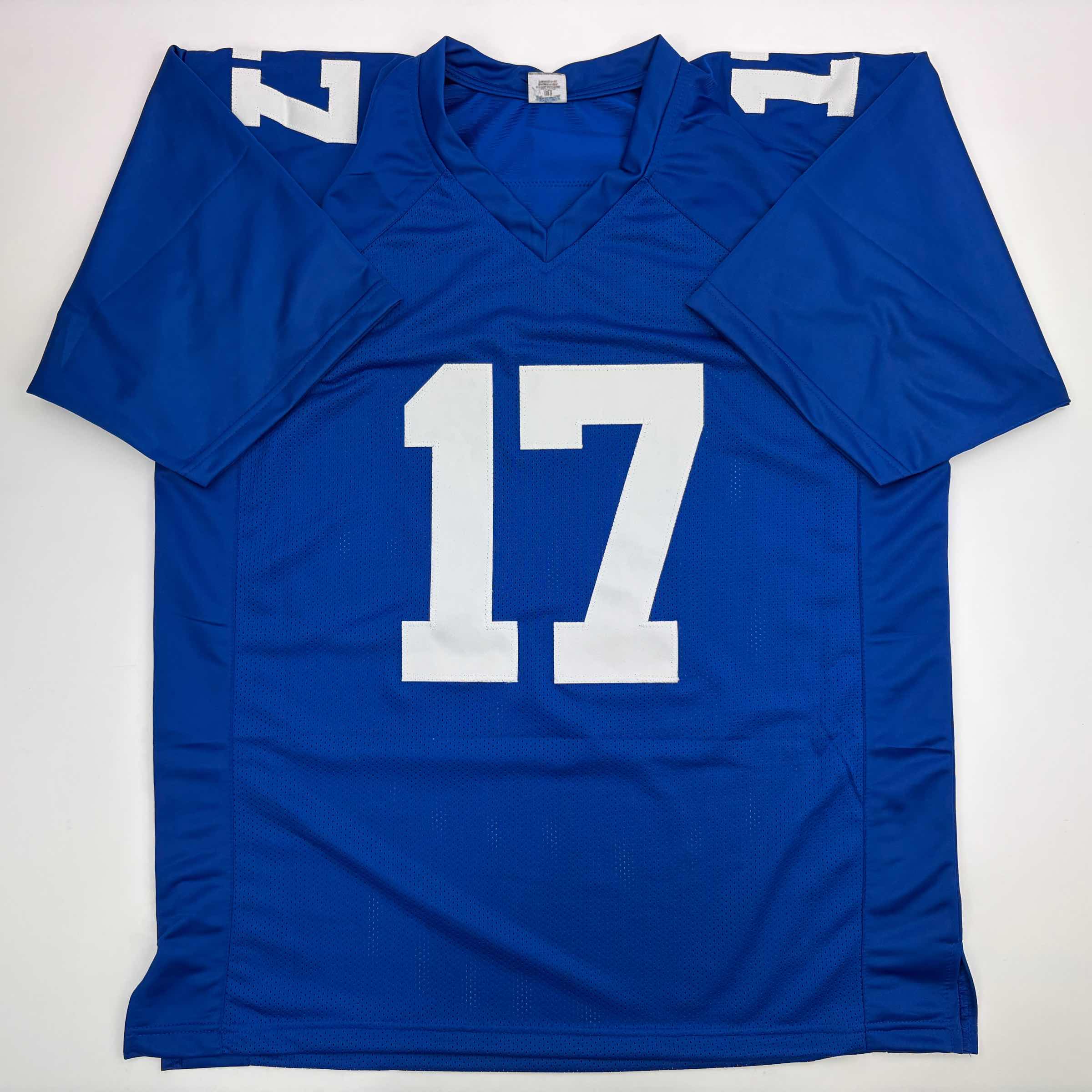 Autographed/Signed Plaxico Burress New York Blue Football Jersey JSA COA