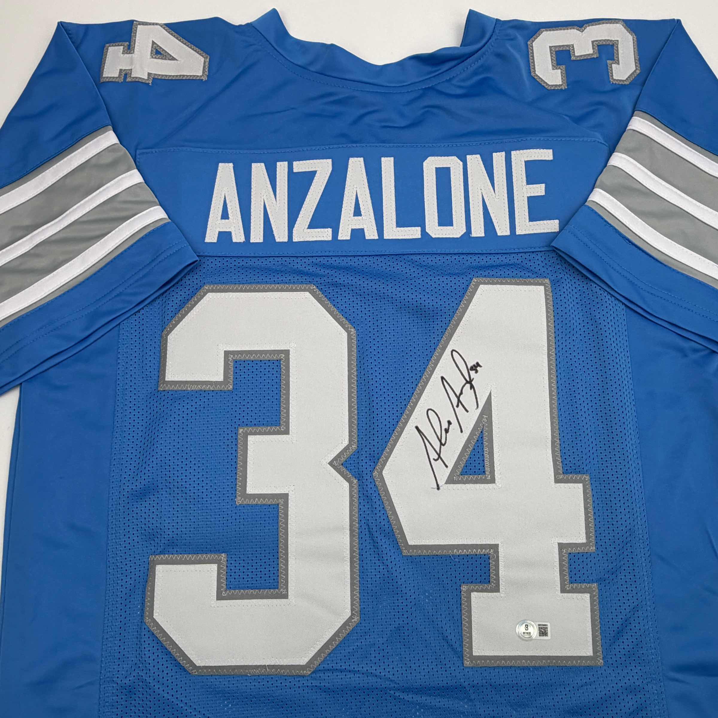 Autographed/Signed Alex Anzalone Detroit Blue Football Jersey Beckett BAS COA