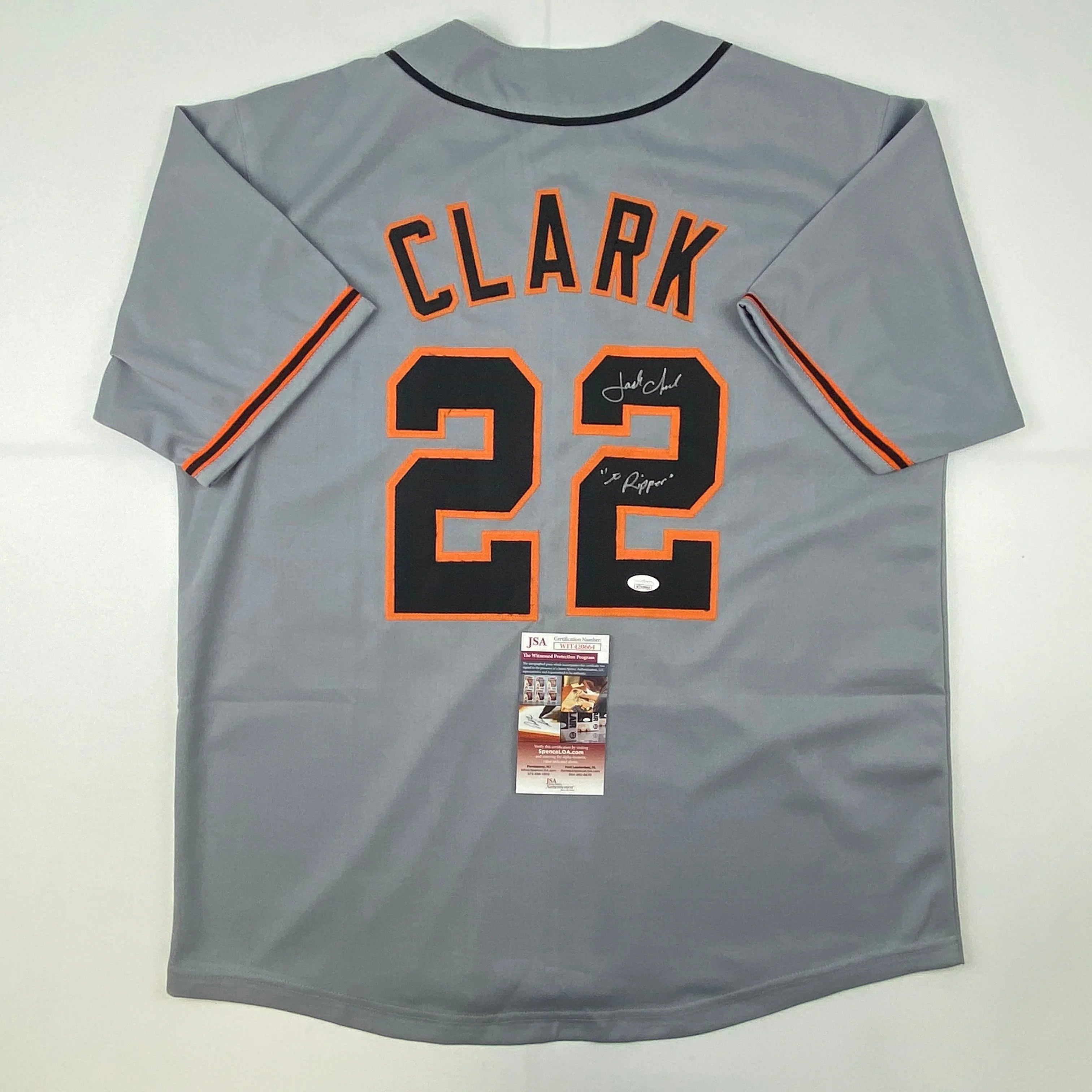 Autographed/Signed Jack Clark The Ripper San Francisco Grey Baseball Jersey JSA COA