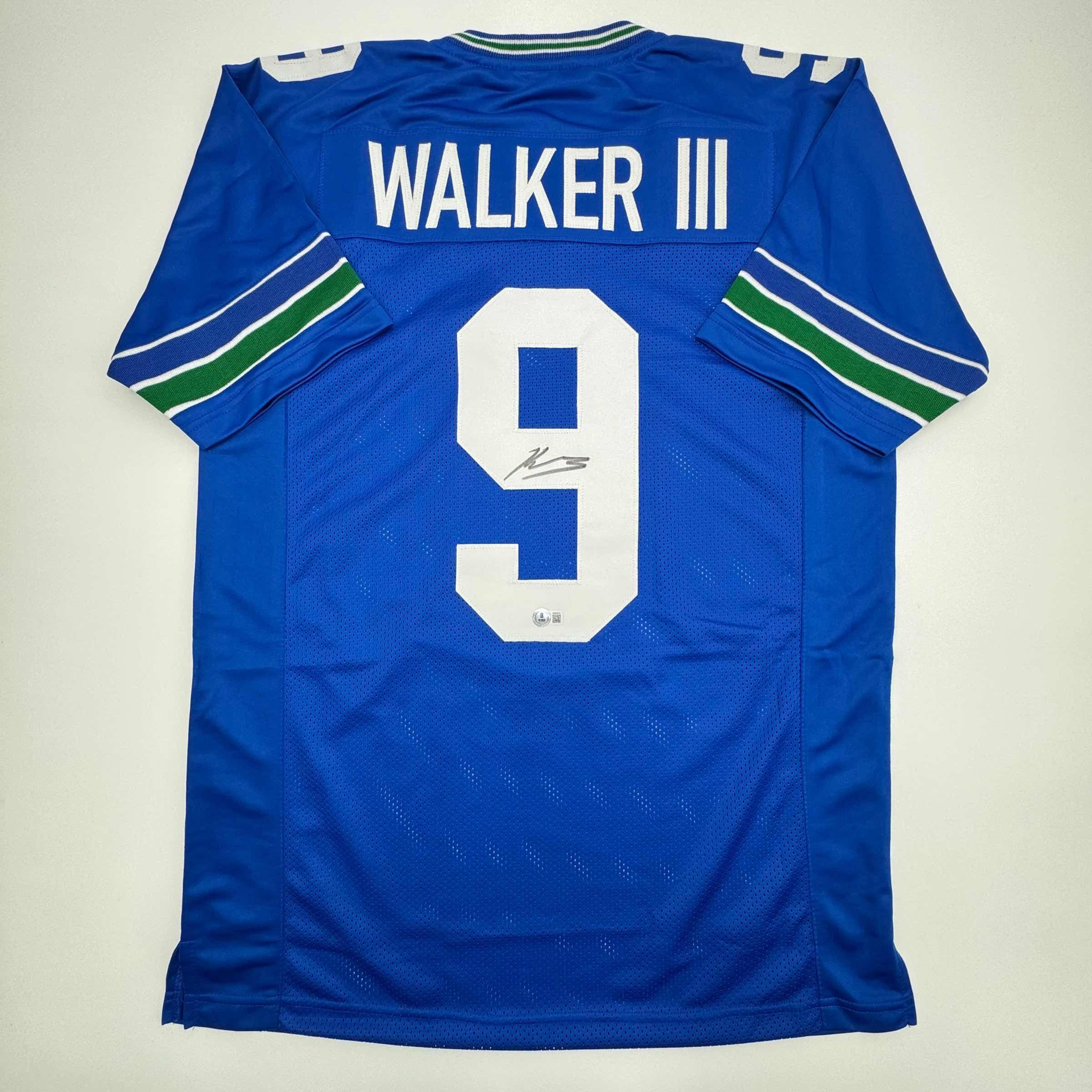 Autographed/Signed Kenneth Walker Seattle Retro Blue Football Jersey Beckett BAS COA