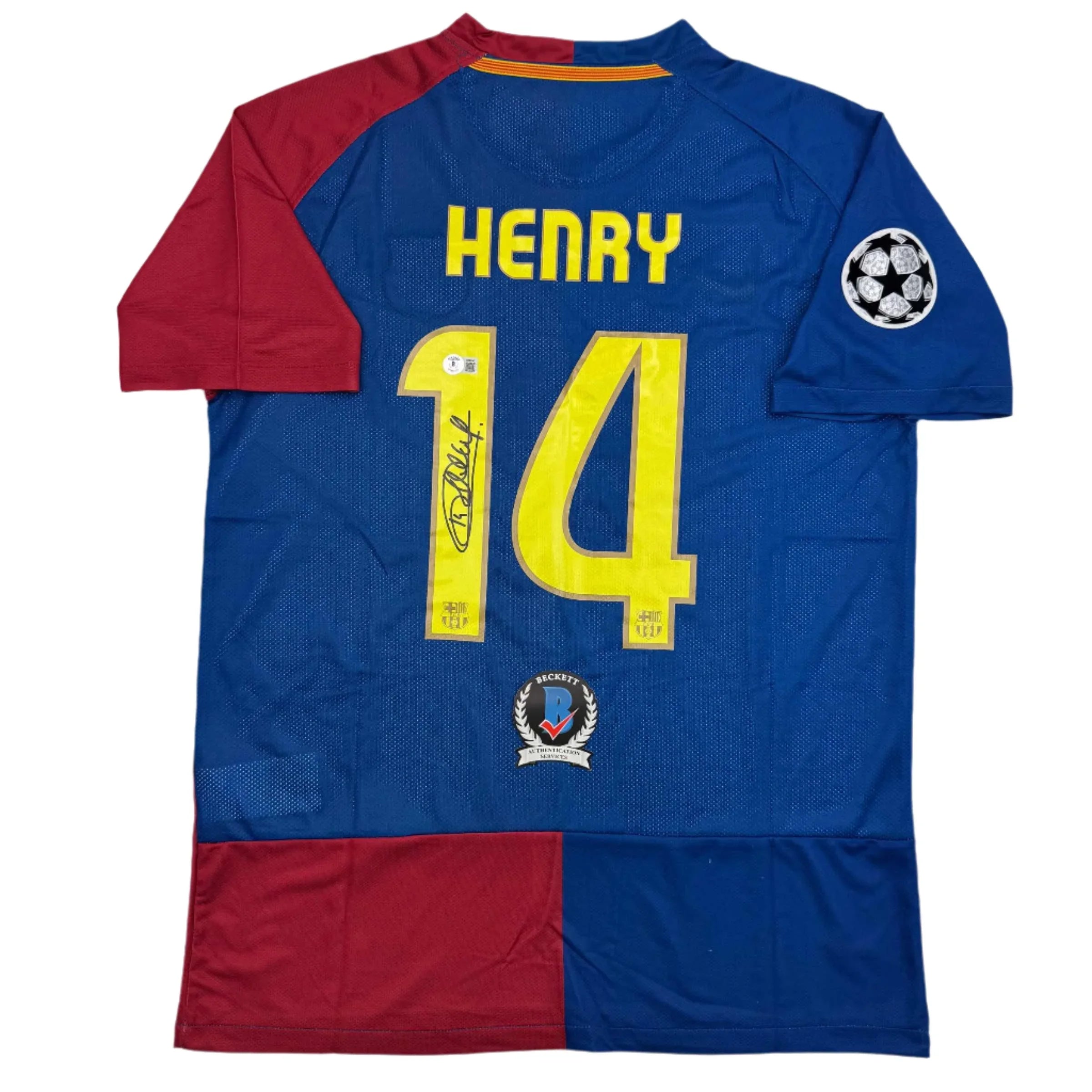 Autographed/Signed Thierry Henry FC Barcelona Blue Soccer Jersey Beckett BAS COA