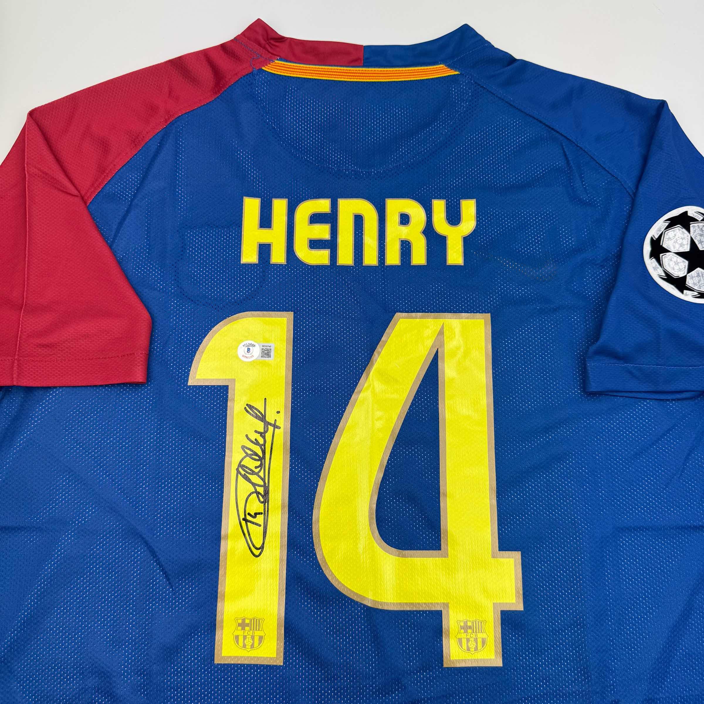 Autographed/Signed Thierry Henry FC Barcelona Blue Soccer Jersey Beckett BAS COA