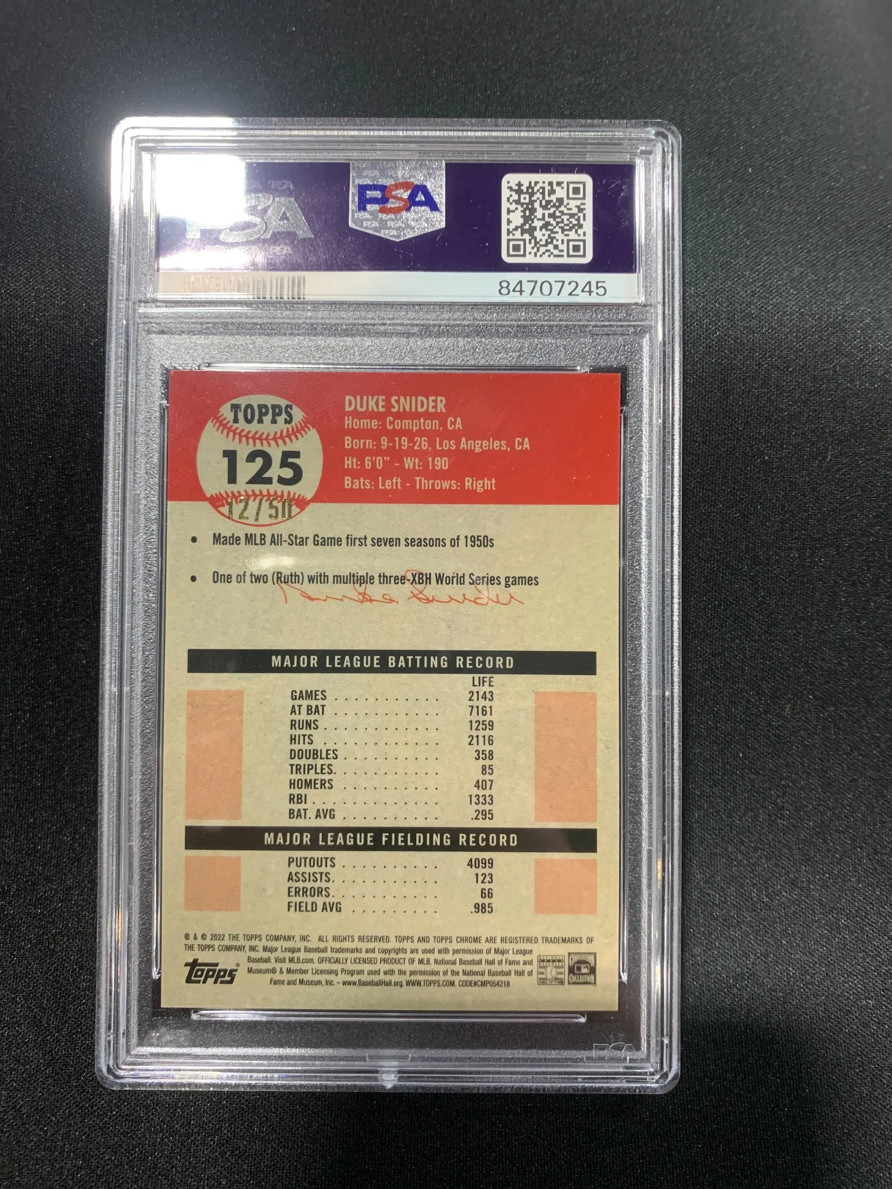 2022 TOPPS CHROME PLATINUM DUKE SNIDER GOLD REFRACTOR #125 - PSA 10