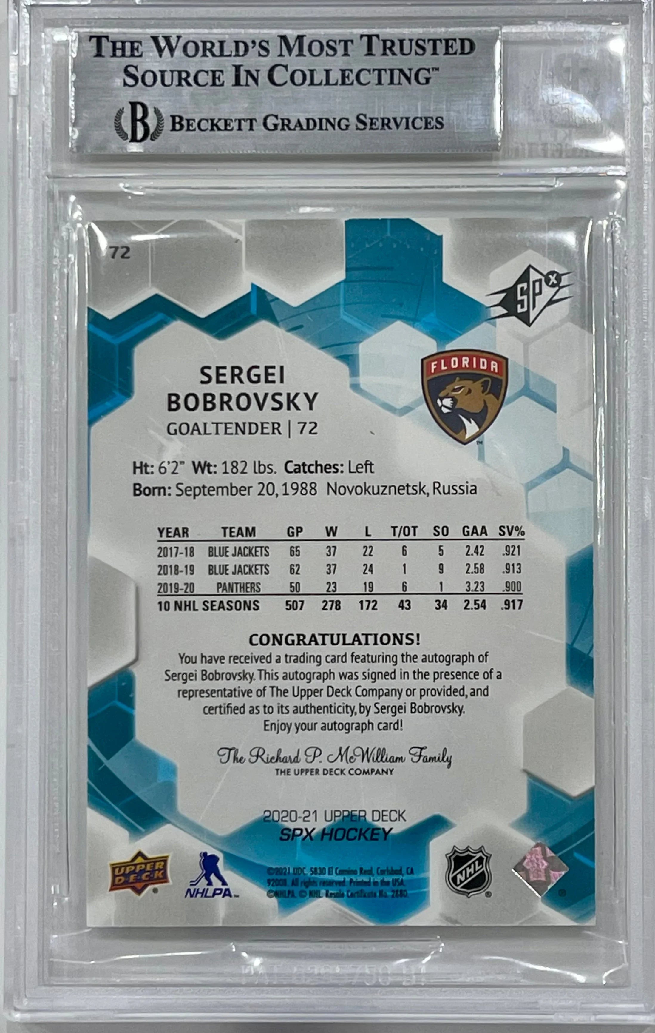 Sergei Bobrovsky Signed 2020-21 Upper Deck SPx Autographs Card - Beckett