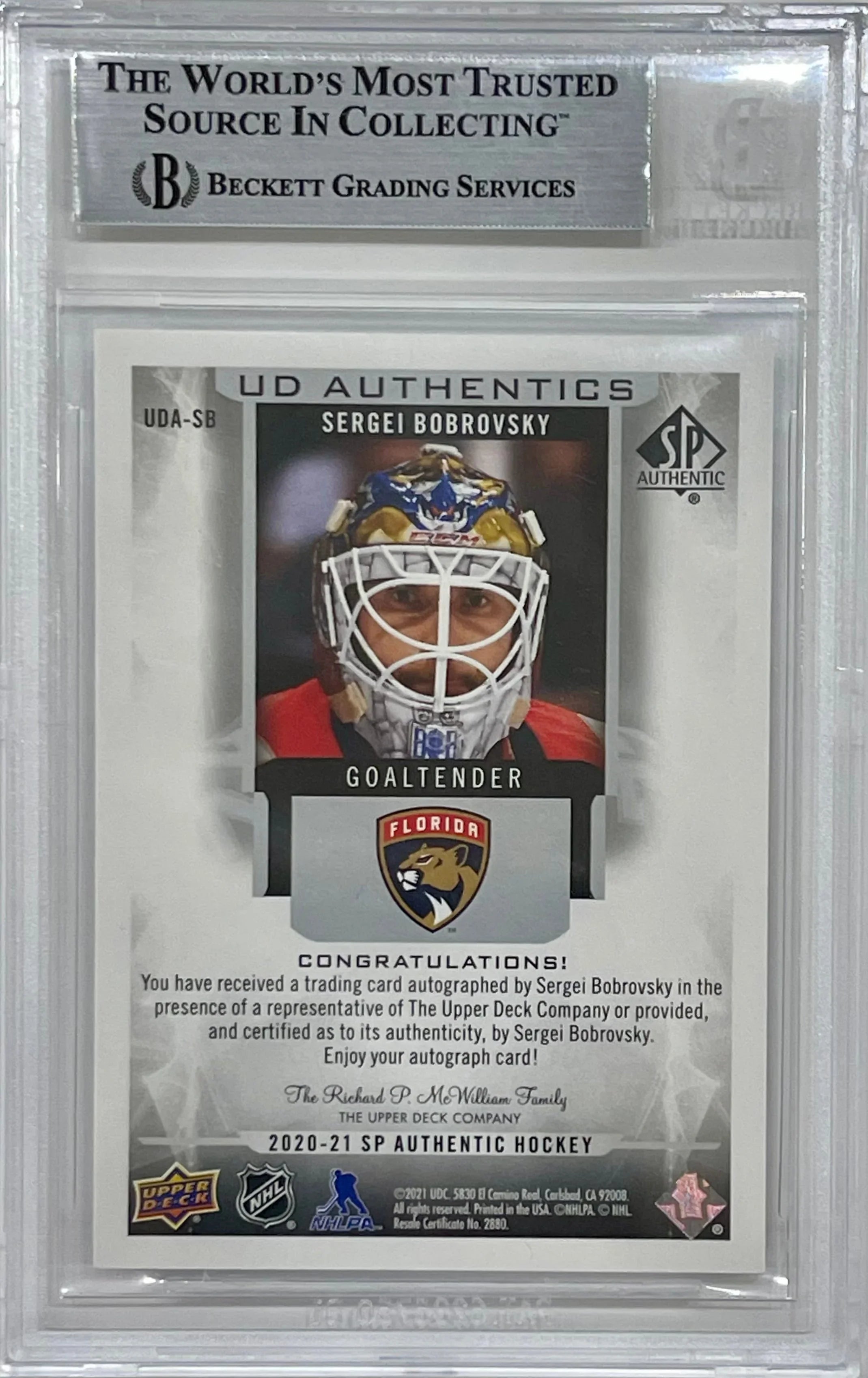 Sergei Bobrovsky Signed 2020-21 Upper Deck SP Authentic UD Card - Beckett