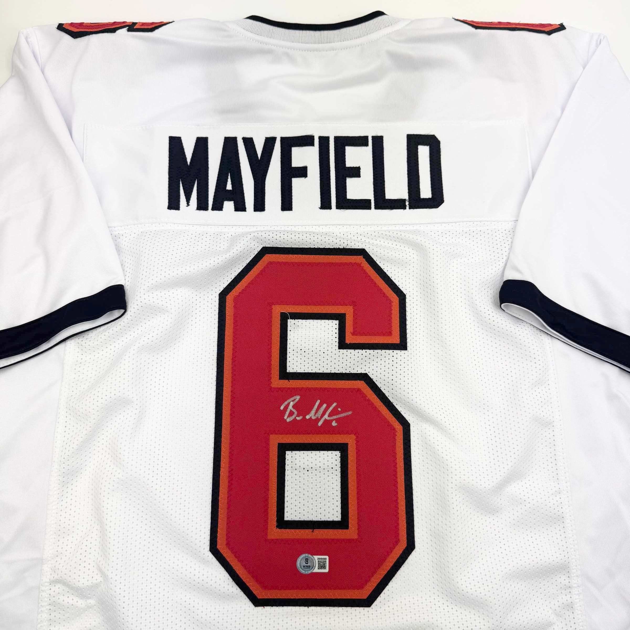Autographed/Signed Baker Mayfield Tampa Bay White Football Jersey Beckett BAS COA