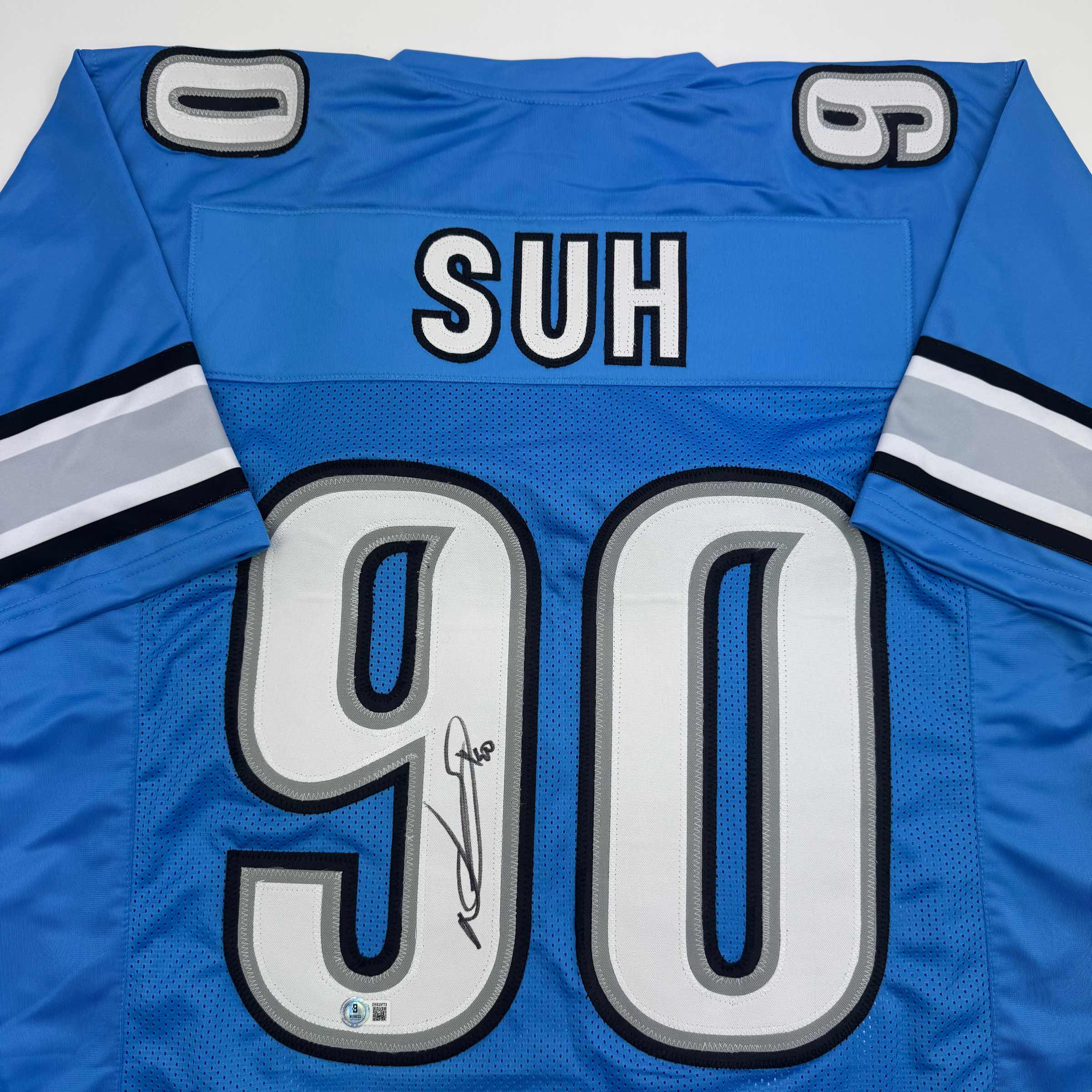 Autographed/Signed Ndamukong Suh Detroit Blue Football Jersey Beckett BAS COA