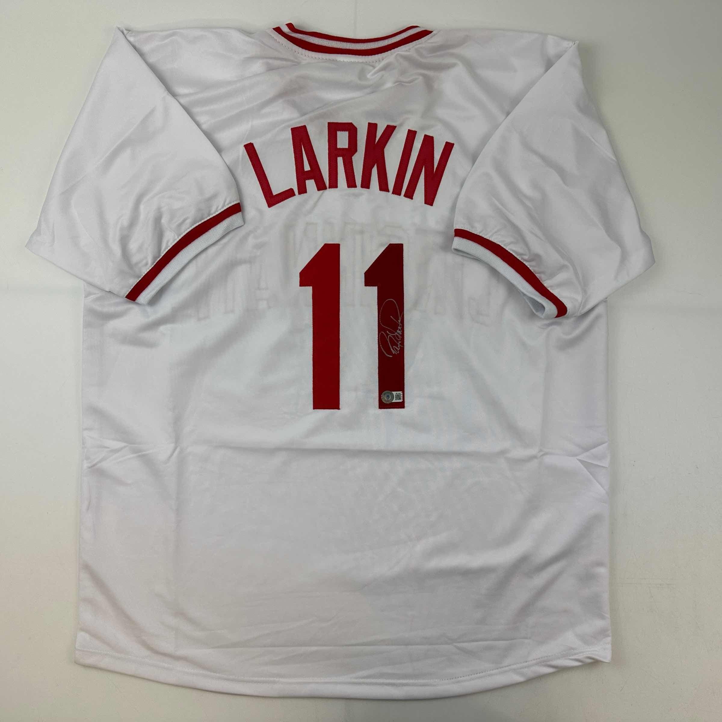 Autographed/Signed Barry Larkin Cincinnati White Baseball Jersey Beckett BAS COA