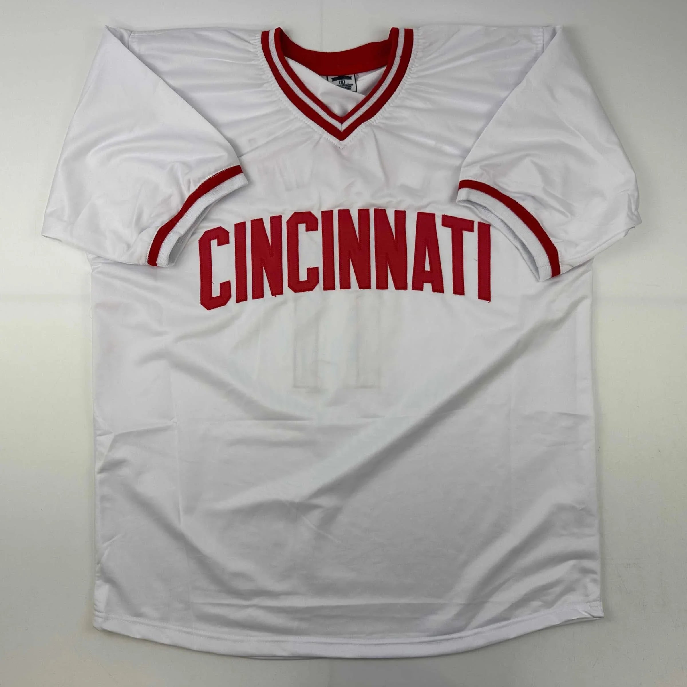 Autographed/Signed Barry Larkin Cincinnati White Baseball Jersey Beckett BAS COA