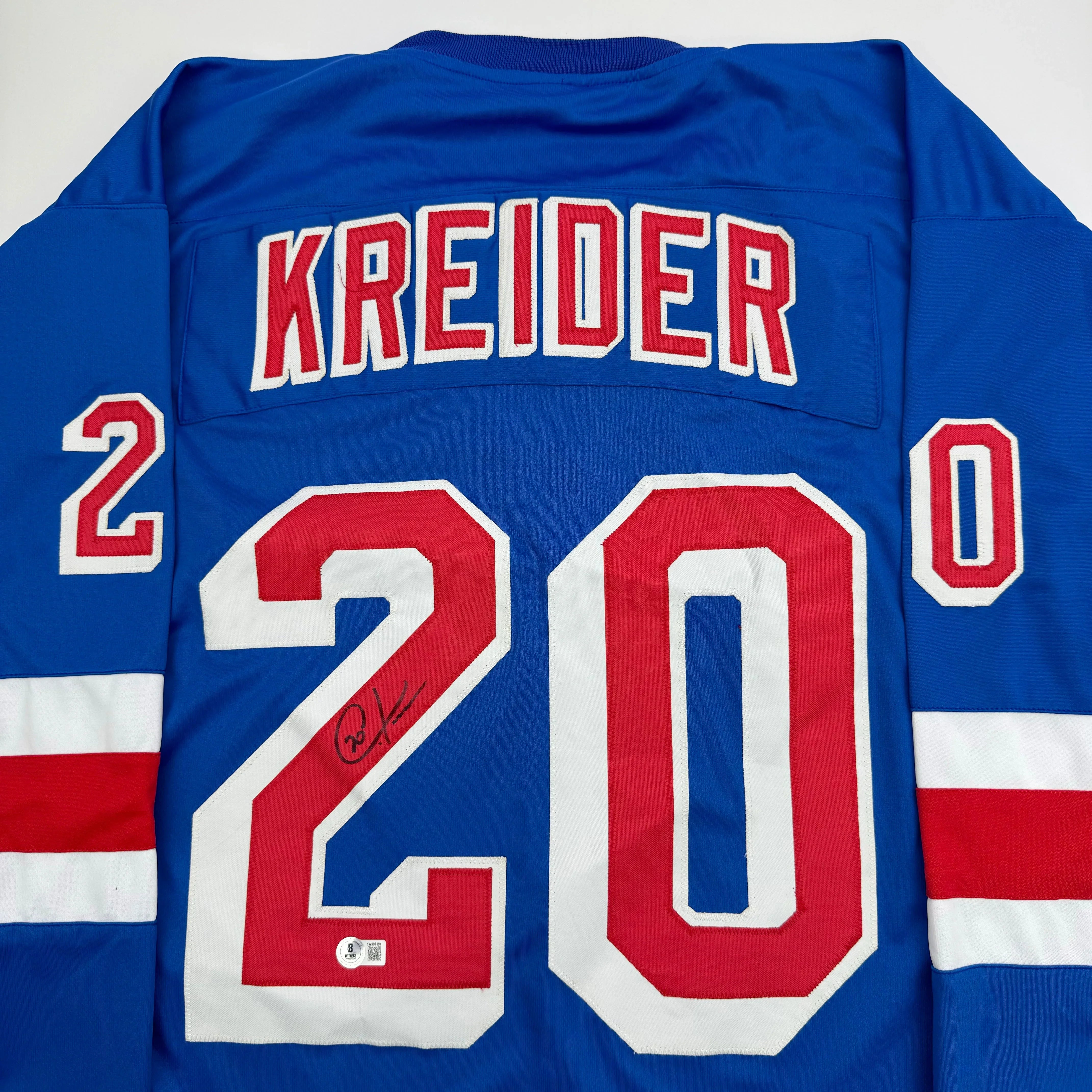 Autographed/Signed Chris Kreider New York Blue Hockey Jersey Beckett BAS COA