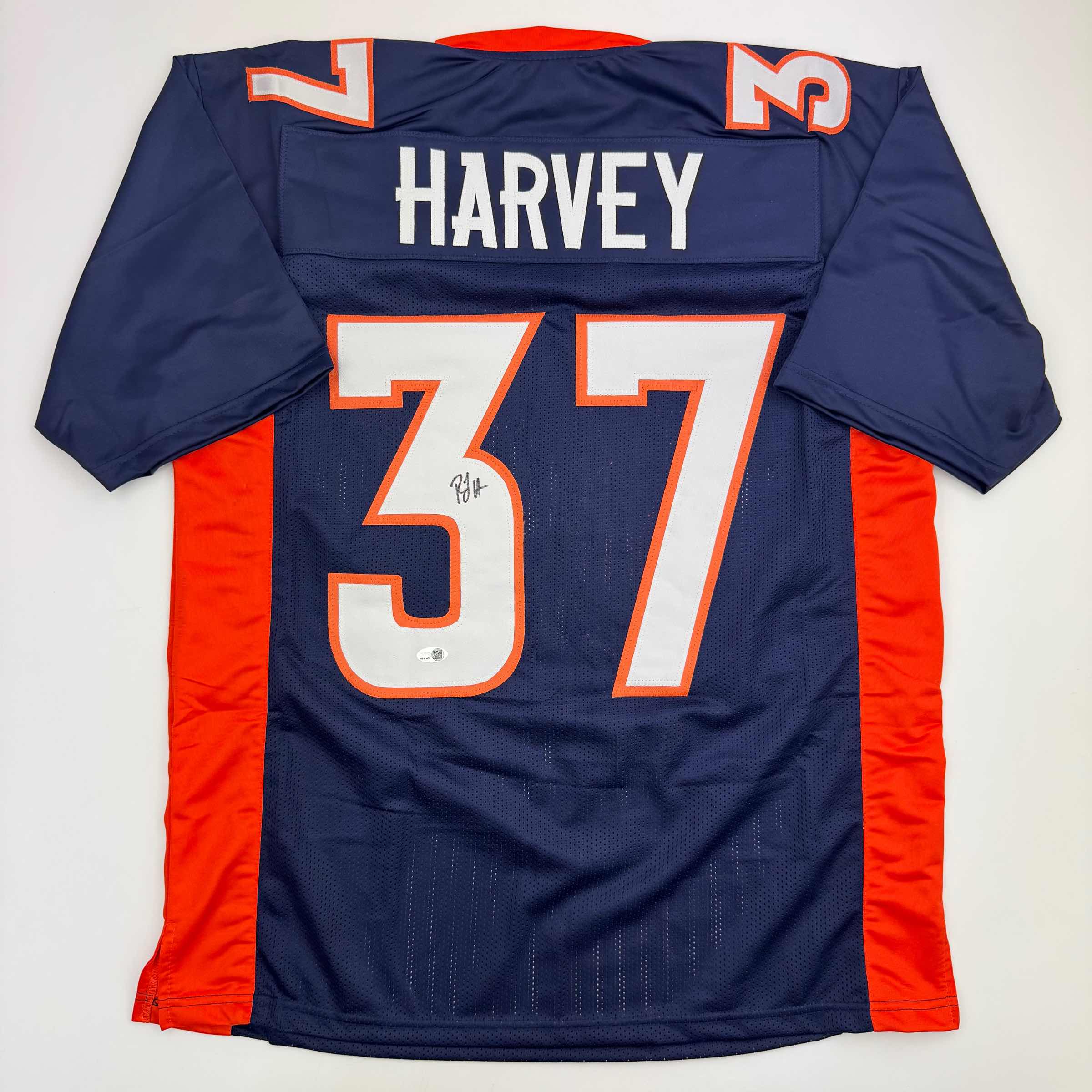 Autographed/Signed R.J RJ Harvey Denver Blue Football Jersey JAS COA
