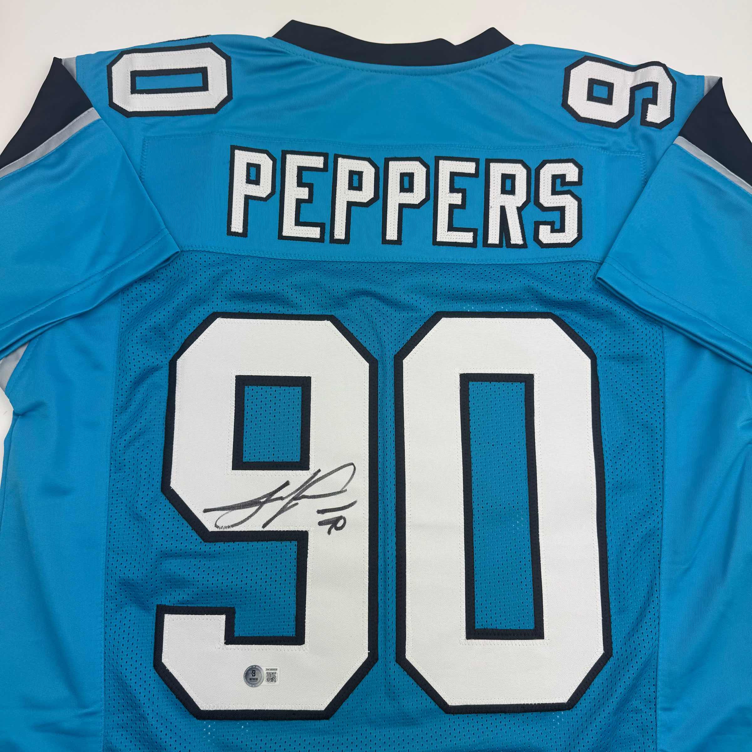 Autographed/Signed Julius Peppers Carolina Blue Football Jersey Beckett BAS COA