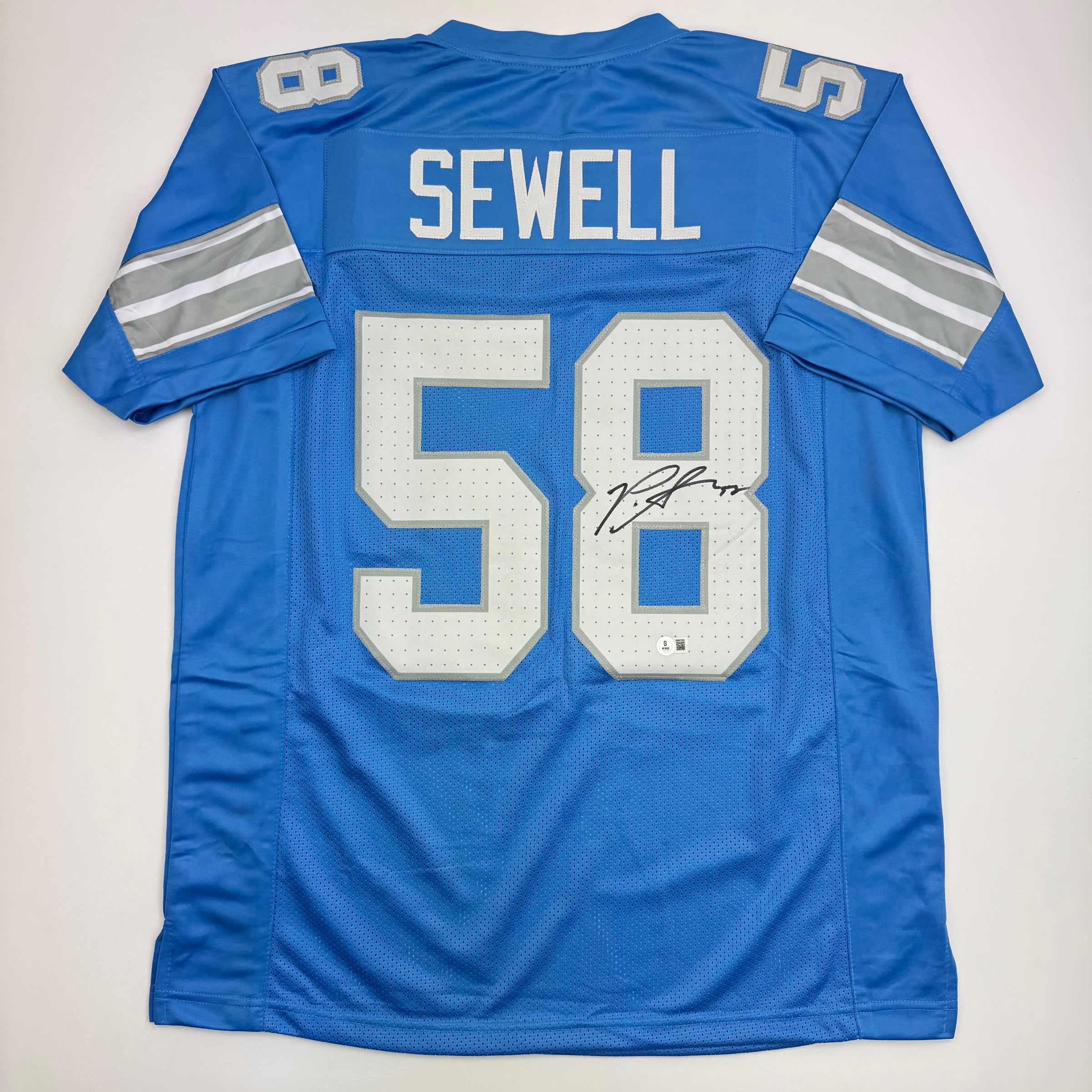 Autographed/Signed Penei Sewell Detroit Blue Current Football Jersey Beckett BAS COA