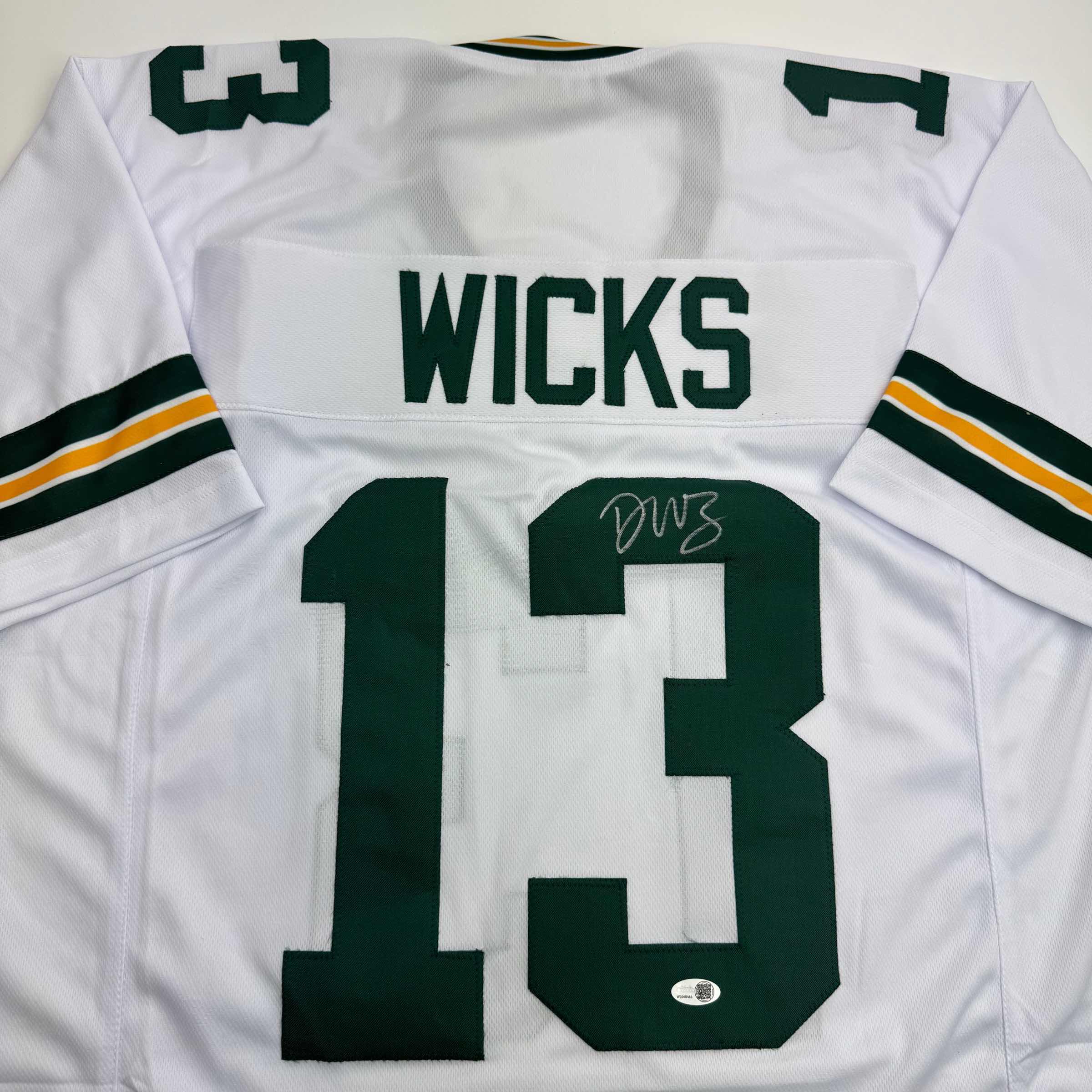Autographed/Signed Dontayvion Wicks Green Bay White Football Jersey JSA COA