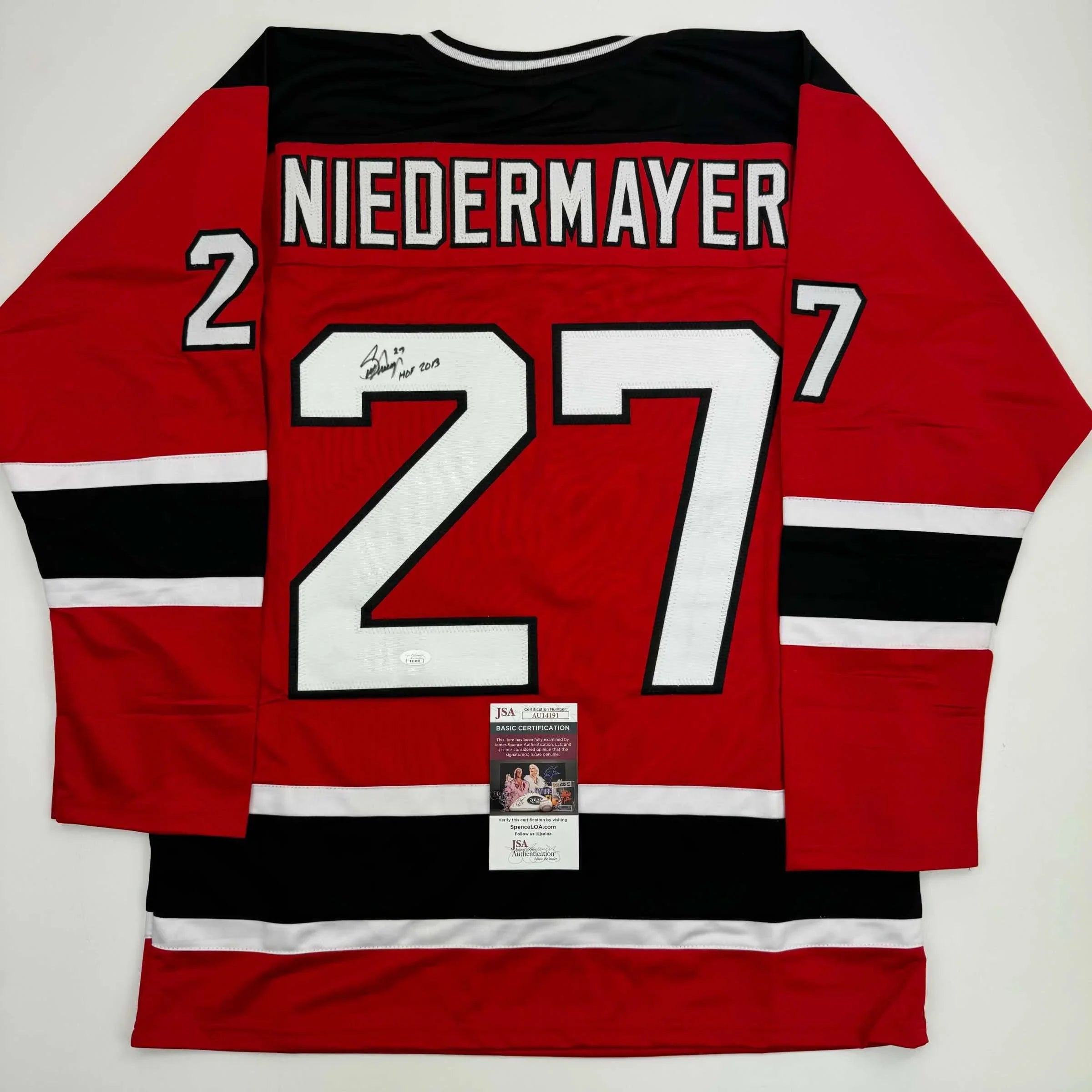Autographed/Signed Scott Niedermayer "HOF 2013" New Jersey Red Hockey Jersey JSA COA