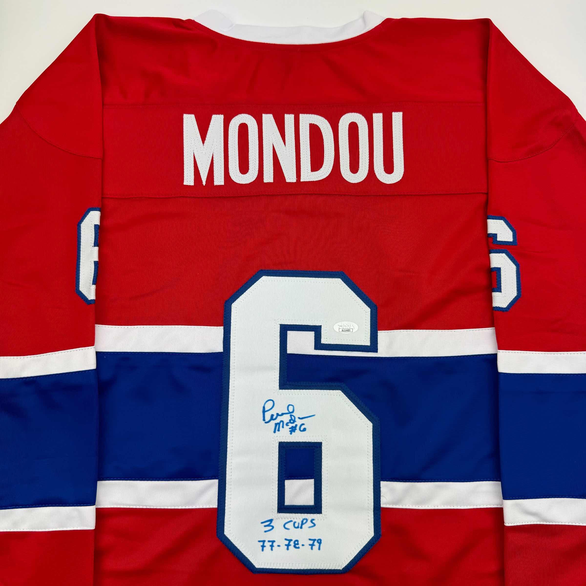 Autographed/Signed Pierre Mondou "3 Cups 77-78-79" Montreal Red Hockey Jersey JSA COA
