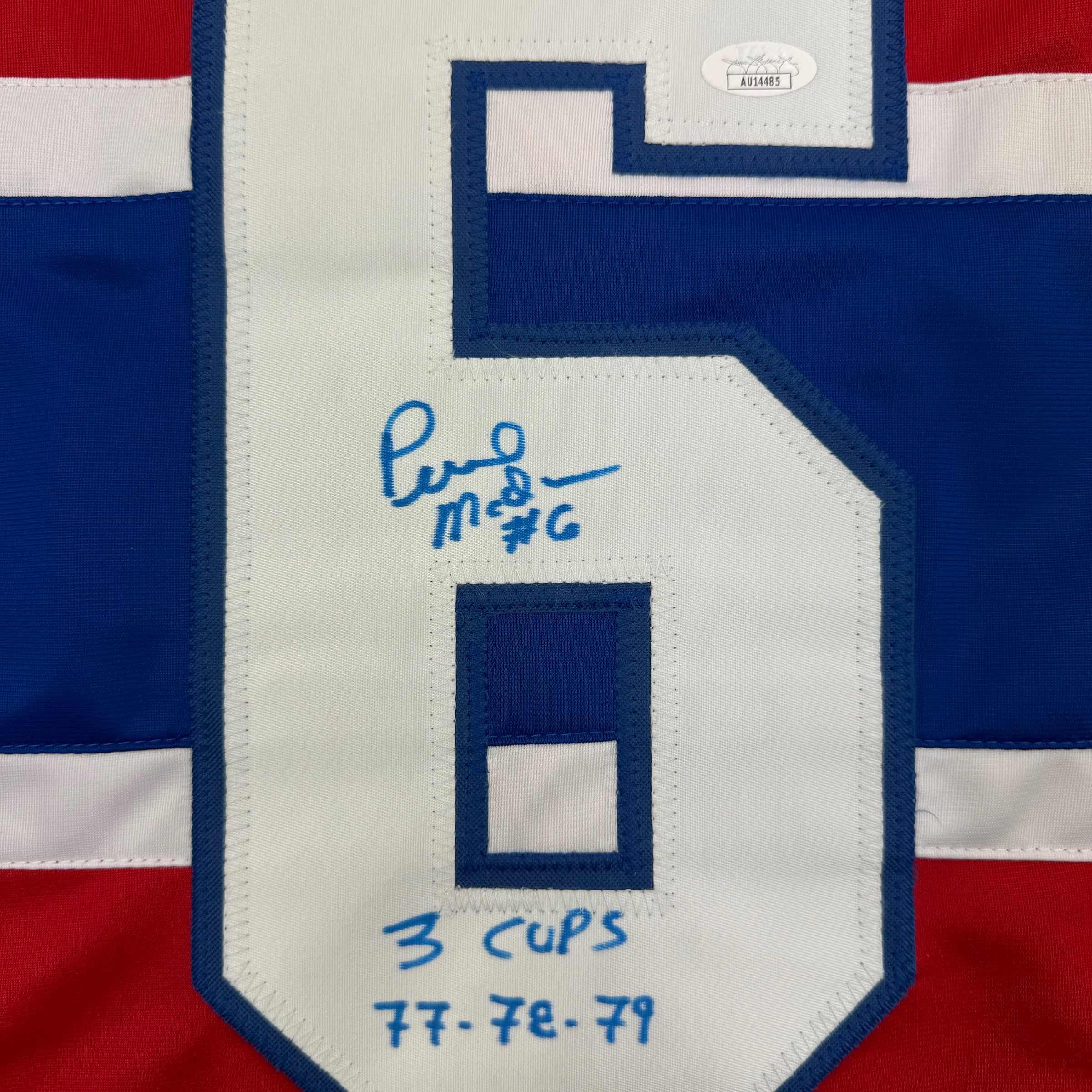 Autographed/Signed Pierre Mondou "3 Cups 77-78-79" Montreal Red Hockey Jersey JSA COA