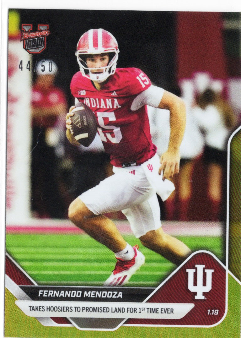 2025 Topps Bowman U Now Fernando Mendoza #67 Gold Foil /50 Indiana Hoosiers Rookie RC Football Card