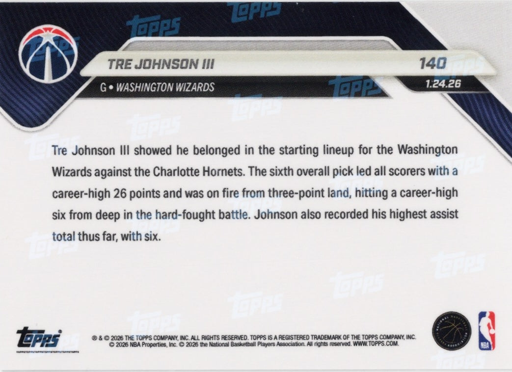 2025 Topps Now Tre Johnson #140 Gold Foil /50 Washington Wizards Rookie RC Basketball Card