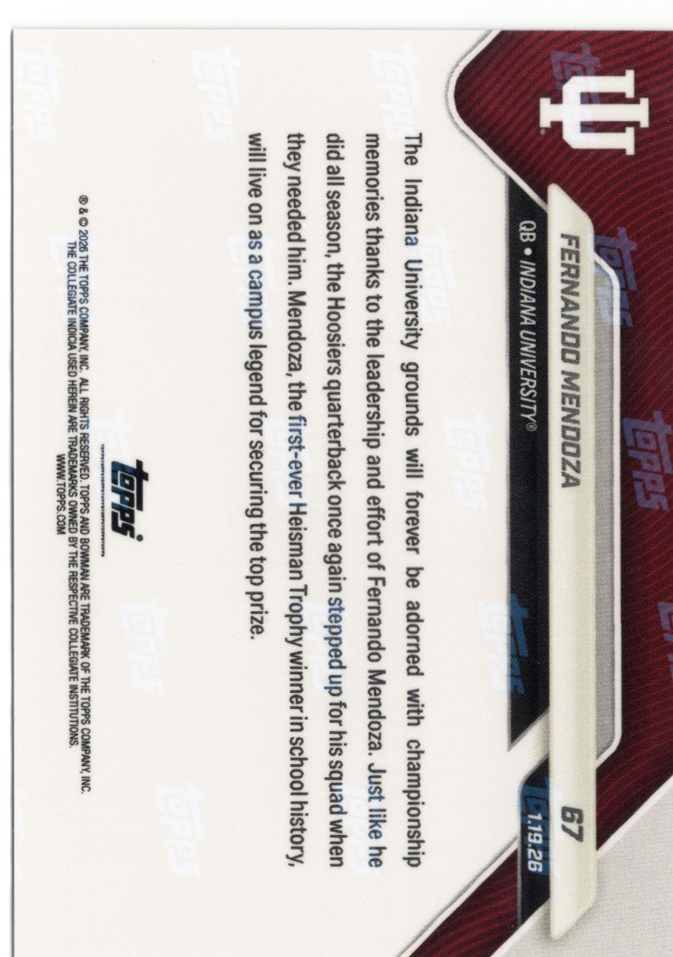 2025 Topps Bowman U Now Fernando Mendoza #67 Gold Foil /50 Indiana Hoosiers Rookie RC Football Card