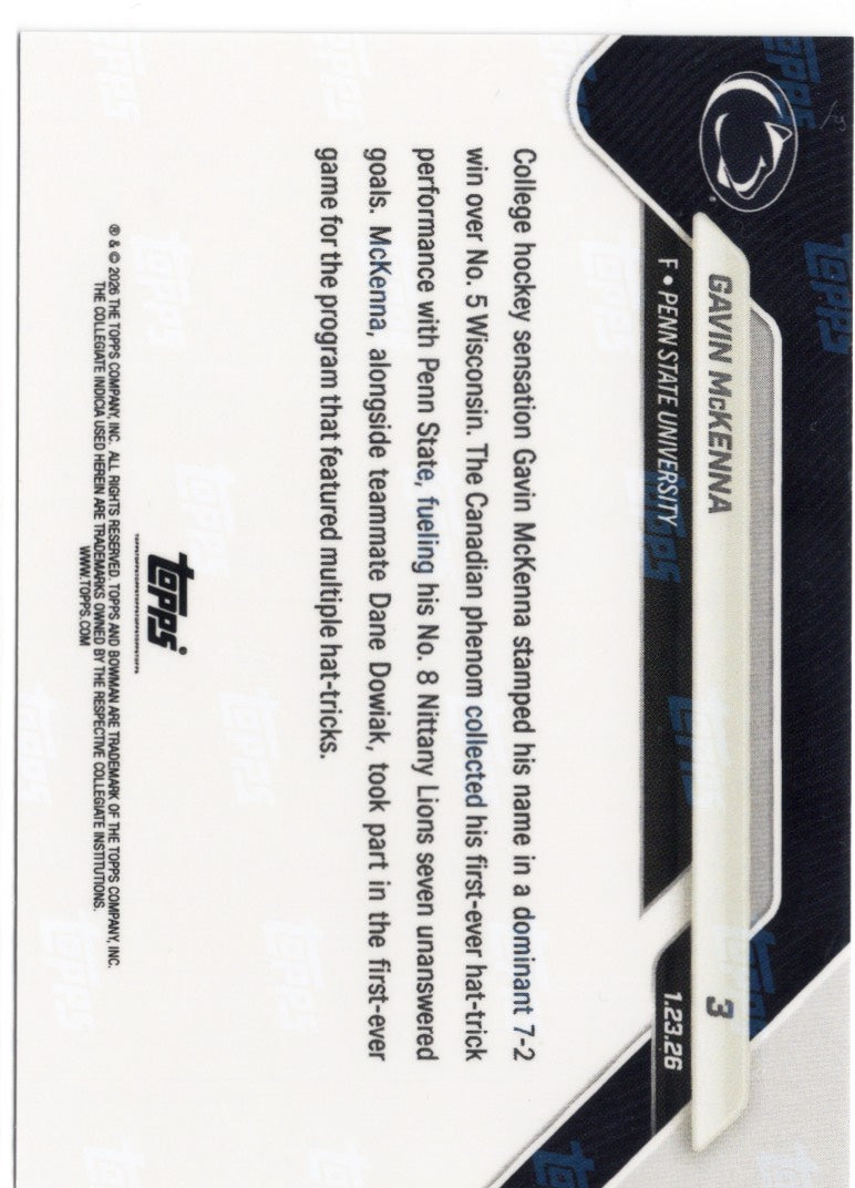 2025 Topps Bowman U Now Gavin McKenna #3 Gold Foil /50 Penn State Nittany Lions Rookie RC Hockey Card