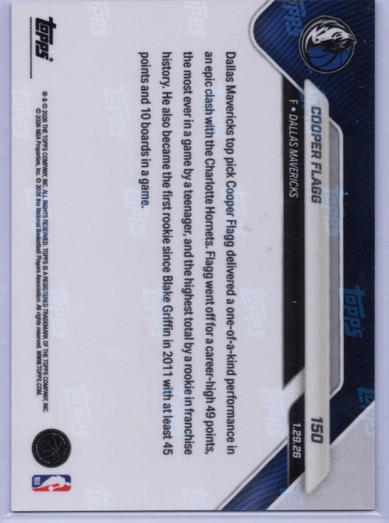 2025 Topps Now Cooper Flagg #150 Gold Foil /50 Dallas Mavericks Rookie RC Basketball Card