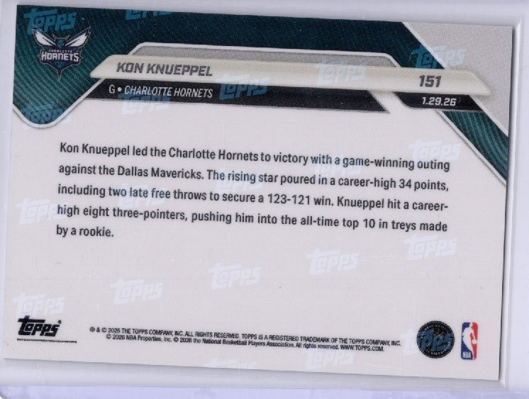 2025 Topps Now Kon Knueppel #151 Orange Foil /25 Charlotte Hornets Rookie RC Basketball Card