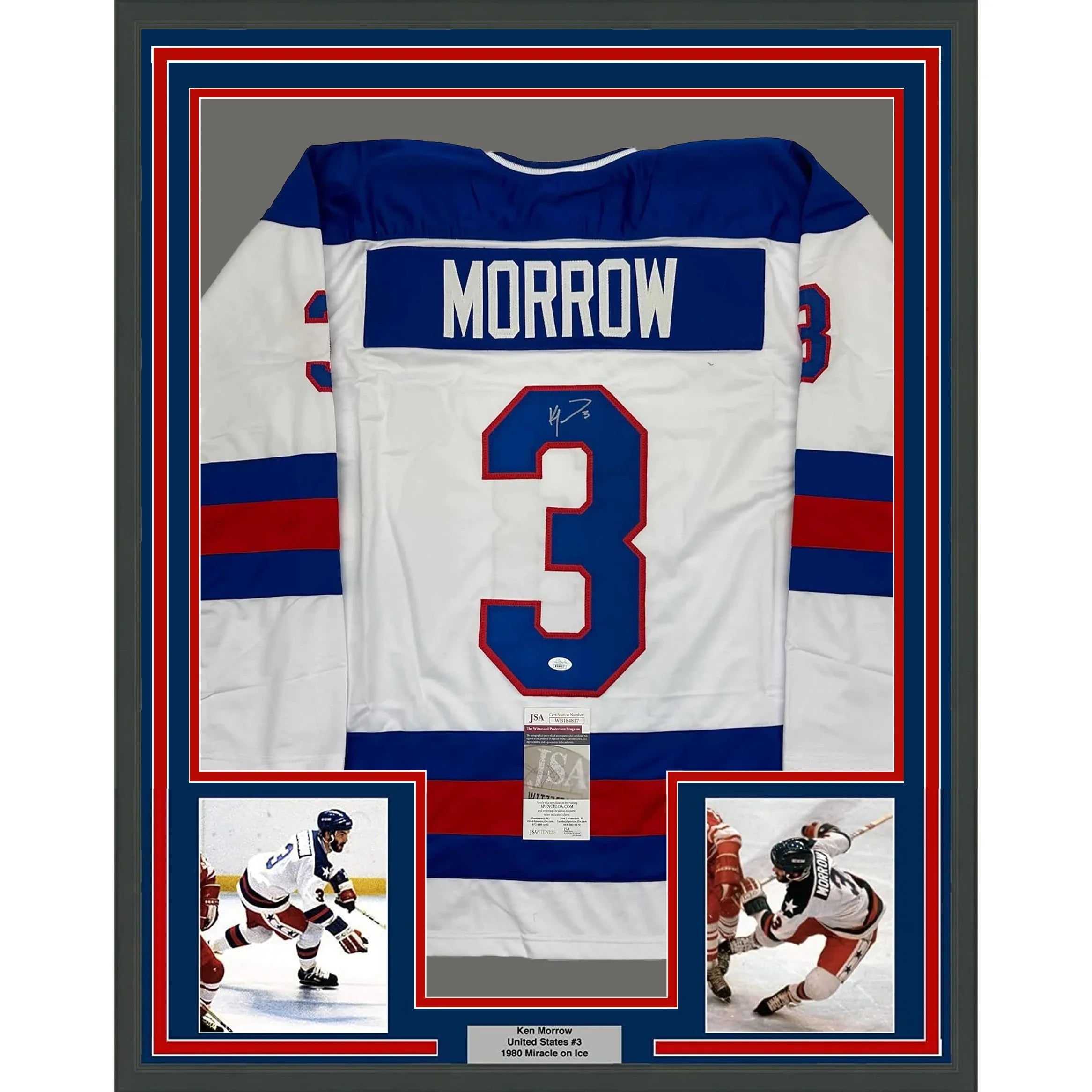 Framed Autographed/Signed Ken Morrow 35x39 1980 Miracle On Ice United States White Hockey Jersey JSA COA