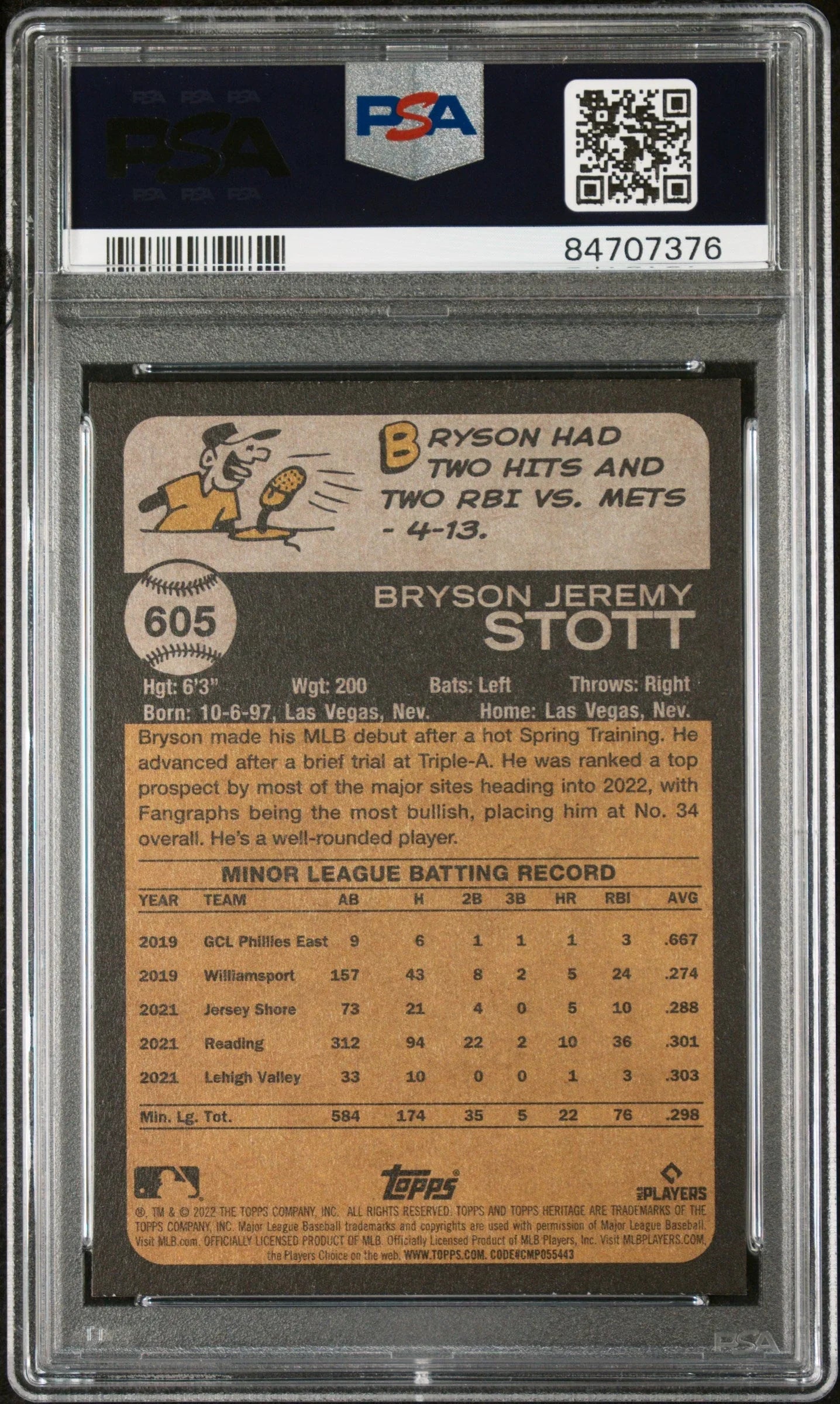 2022 TOPPS HERITAGE BRYSON STOTT #605 - PSA 10 ROOKIE CARD