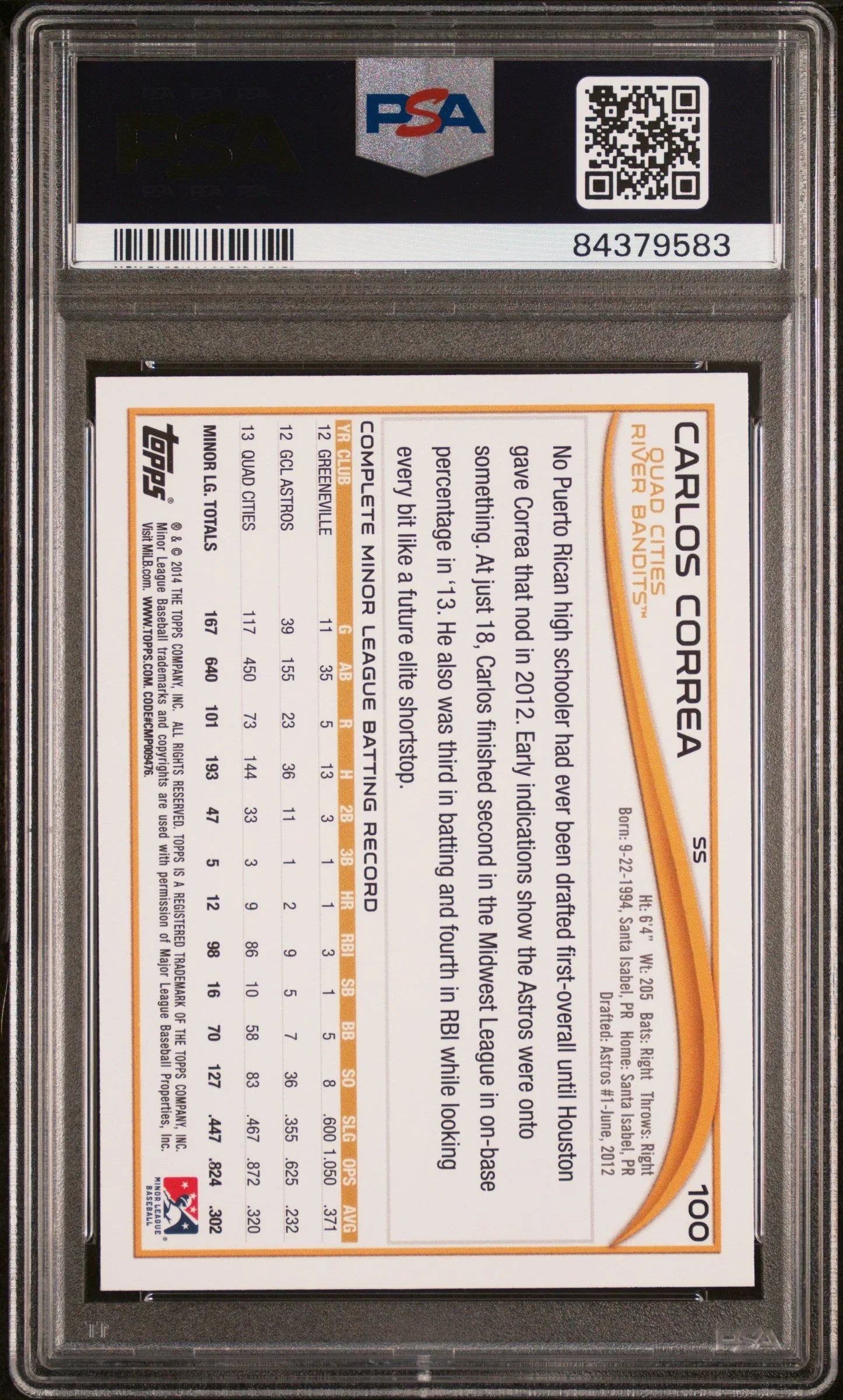 2014 TOPPS PRO DEBUT CARLOS CORREA NO NMBR ON JERSEY FRONT #100 - PSA 10 ROOKIE CARD