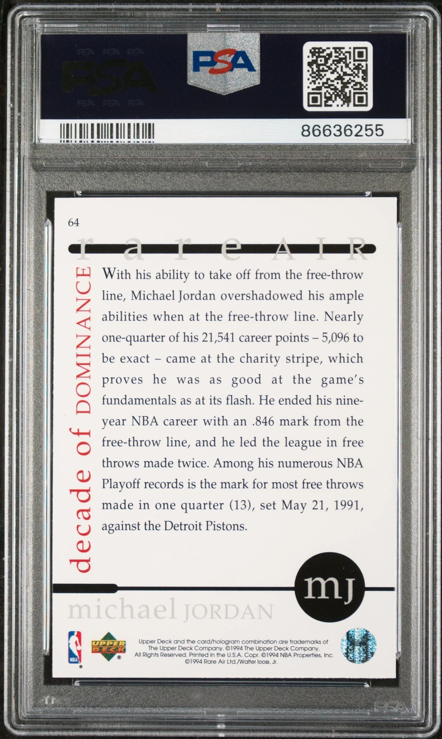 1994 UPPER DECK MJ RARE AIR MICHAEL JORDAN RARE AIR #64 - PSA 9