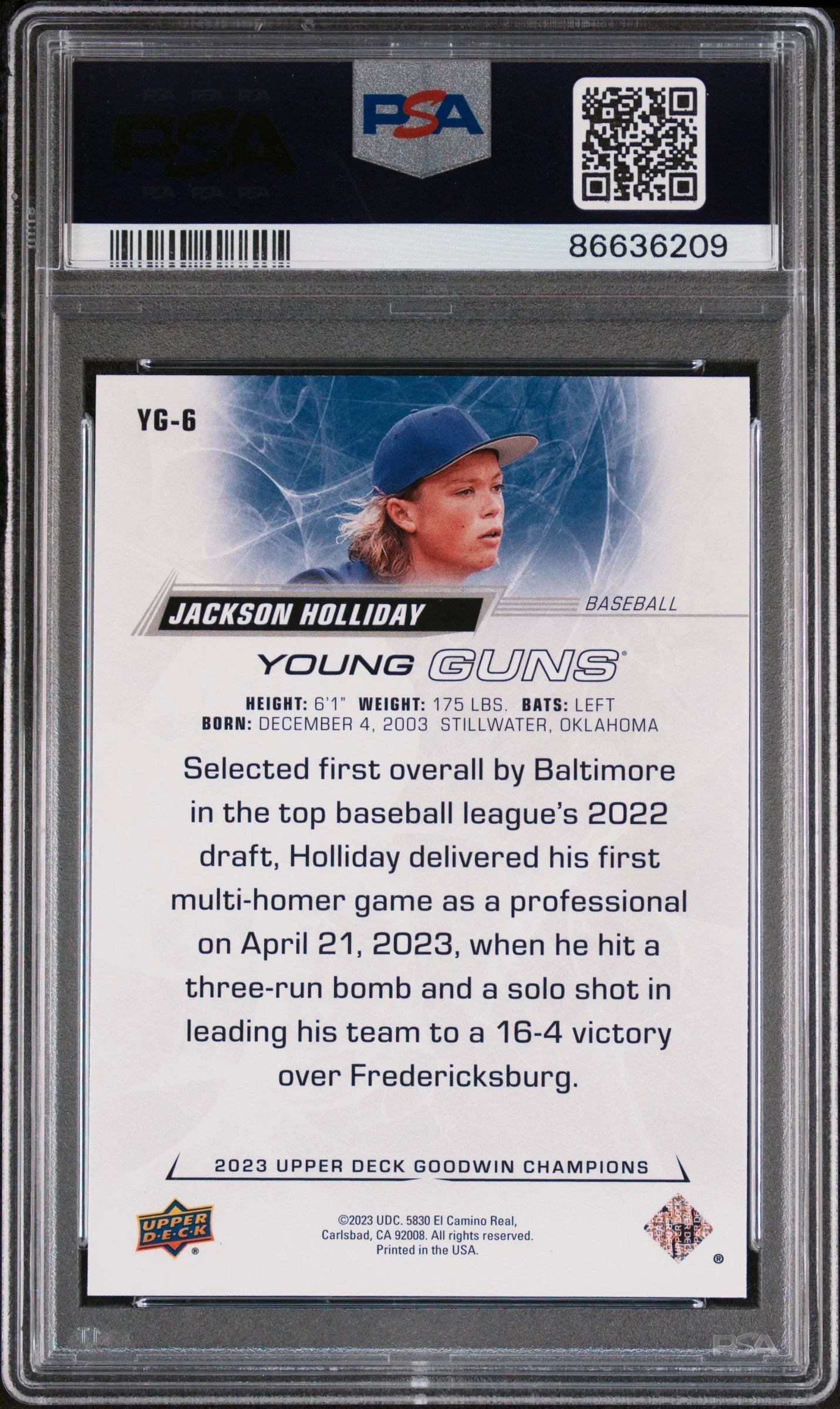 2023 UPPER DECK GOODWIN CHAMPIONS UPPER DECK YOUNG GUNS JACKSON HOLLIDAY #YG6 - PSA 10