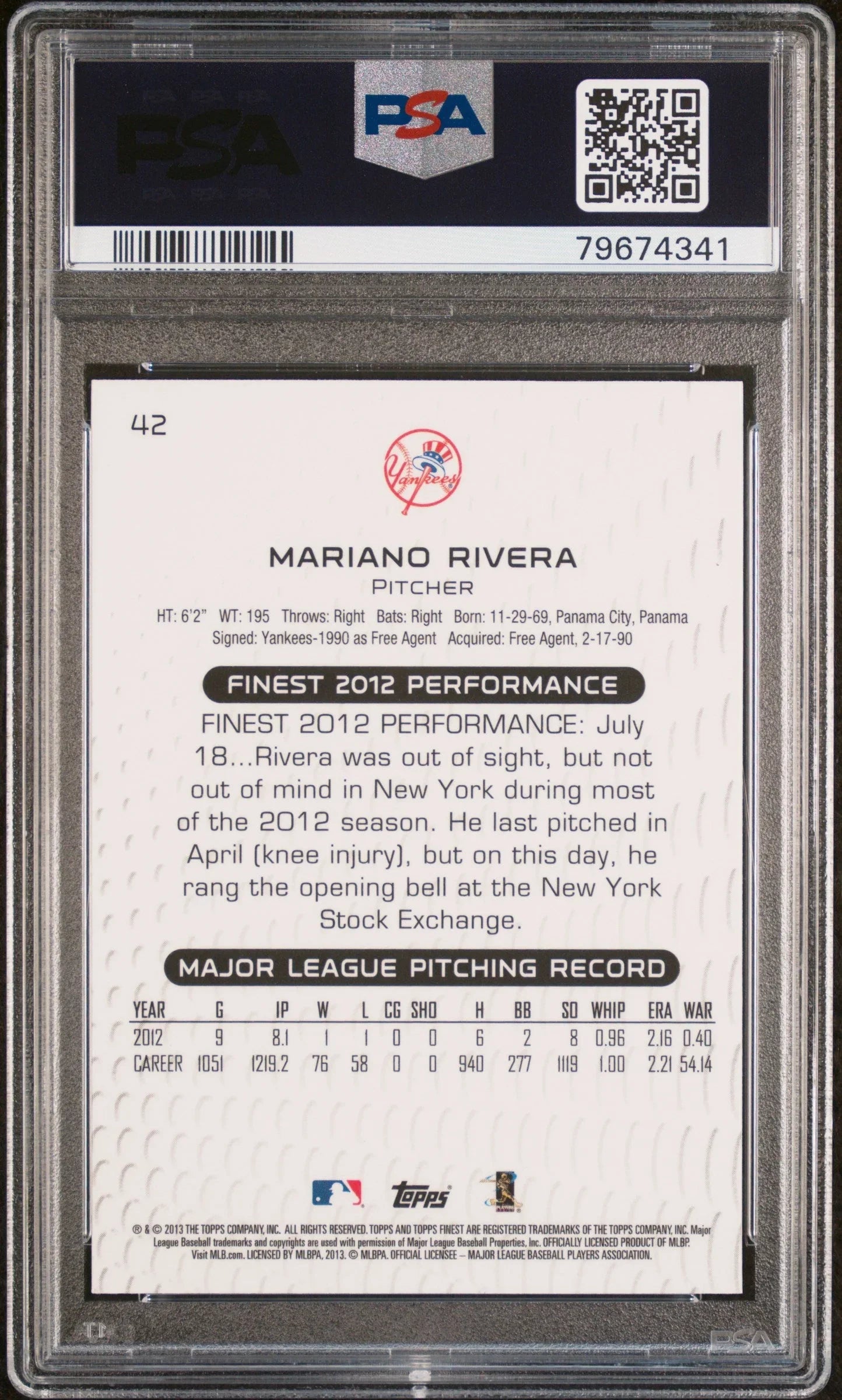 2013 FINEST MARIANO RIVERA #42 - PSA 10