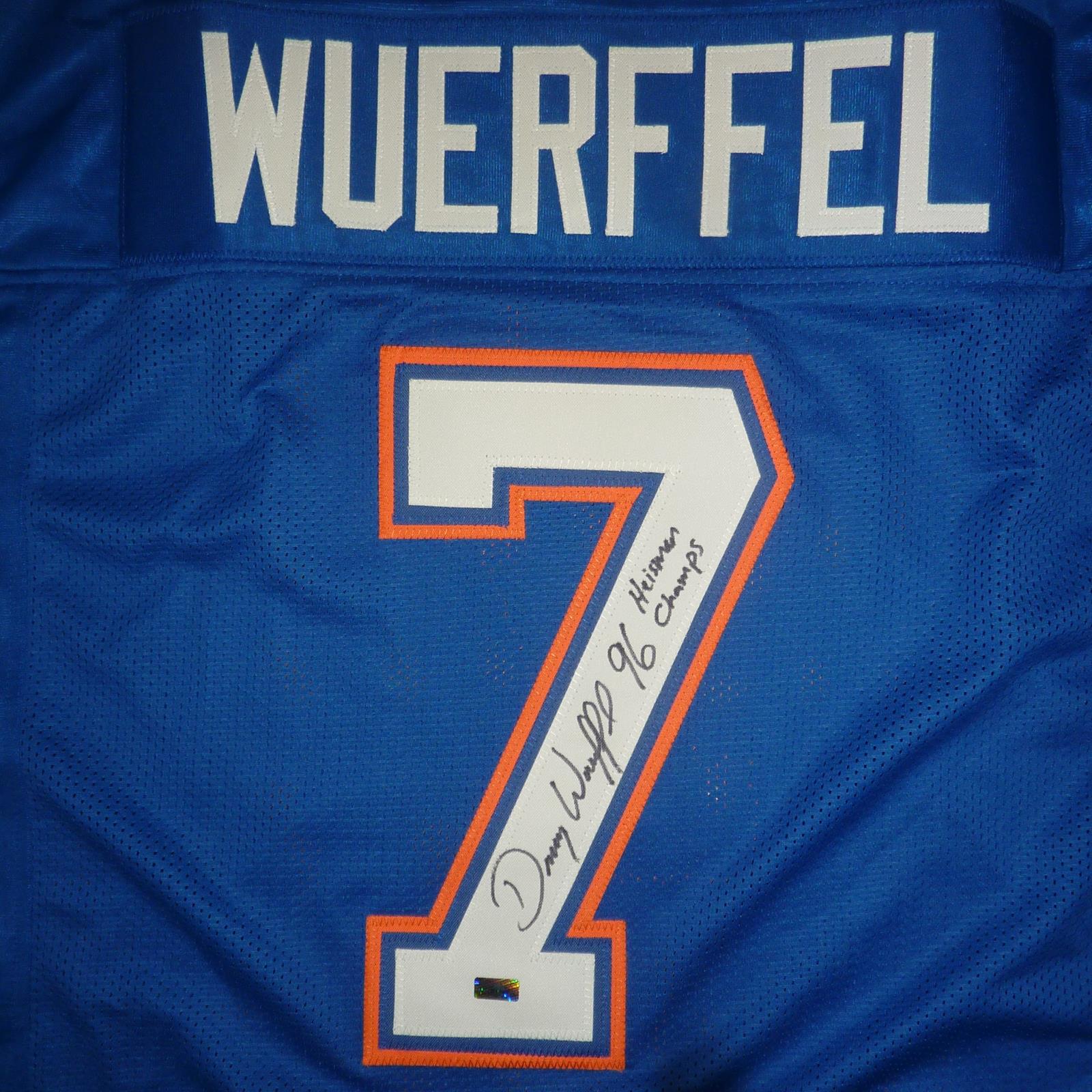 Danny Wuerffel Autographed Florida Gators (Blue #7) Custom Jersey w/ "96 Heisman Champs"