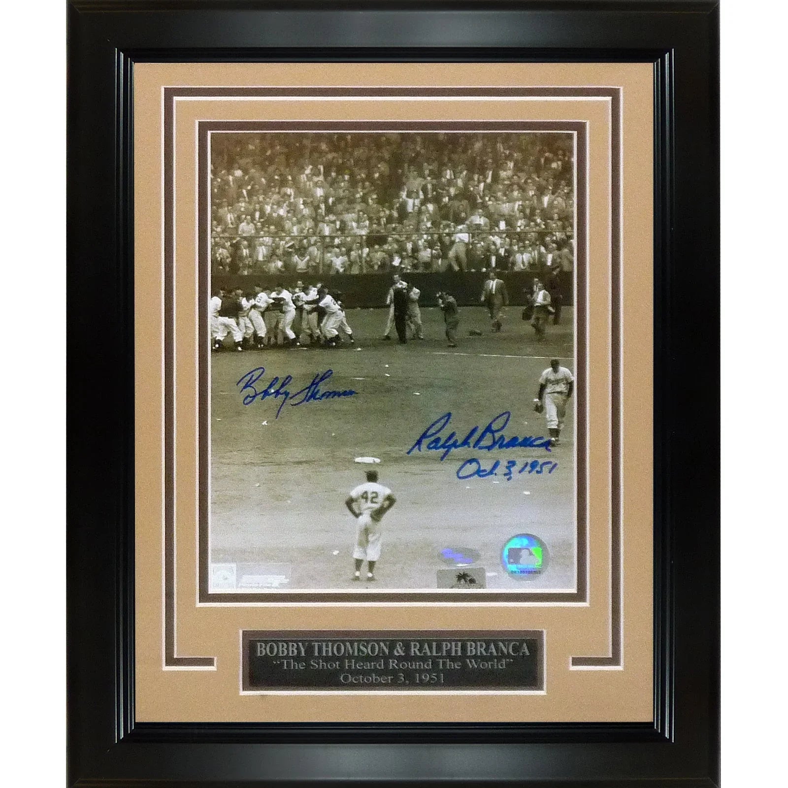 Ralph Branca and Bobby Thomson Dual Autographed "Shot Heard Round The World" (Vertical Jackie Robinson) Deluxe Framed 8x10 Photo w/ Inscription, Date