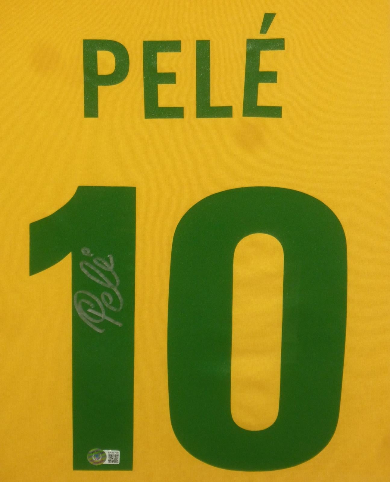 Pele Autographed Brazil Soccer (Yellow #10) Deluxe Framed Jersey - PSADNA