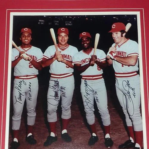 Cincinnati Reds Big Red Machine (Tony Perez, Johnny Bench, Joe Morgan, Pete Rose Autographed) Deluxe Framed 16x20 Photo - MLB