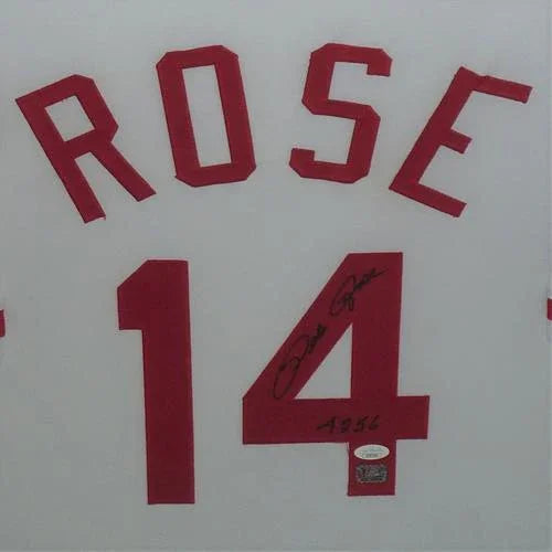 Pete Rose Autographed Cincinnati Reds (White #14) Deluxe Framed Jersey w/ "4256' - JSA