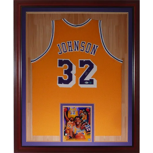 Magic Johnson Autographed Los Angeles Lakers (Yellow #32) Deluxe Framed Jersey - Beckett