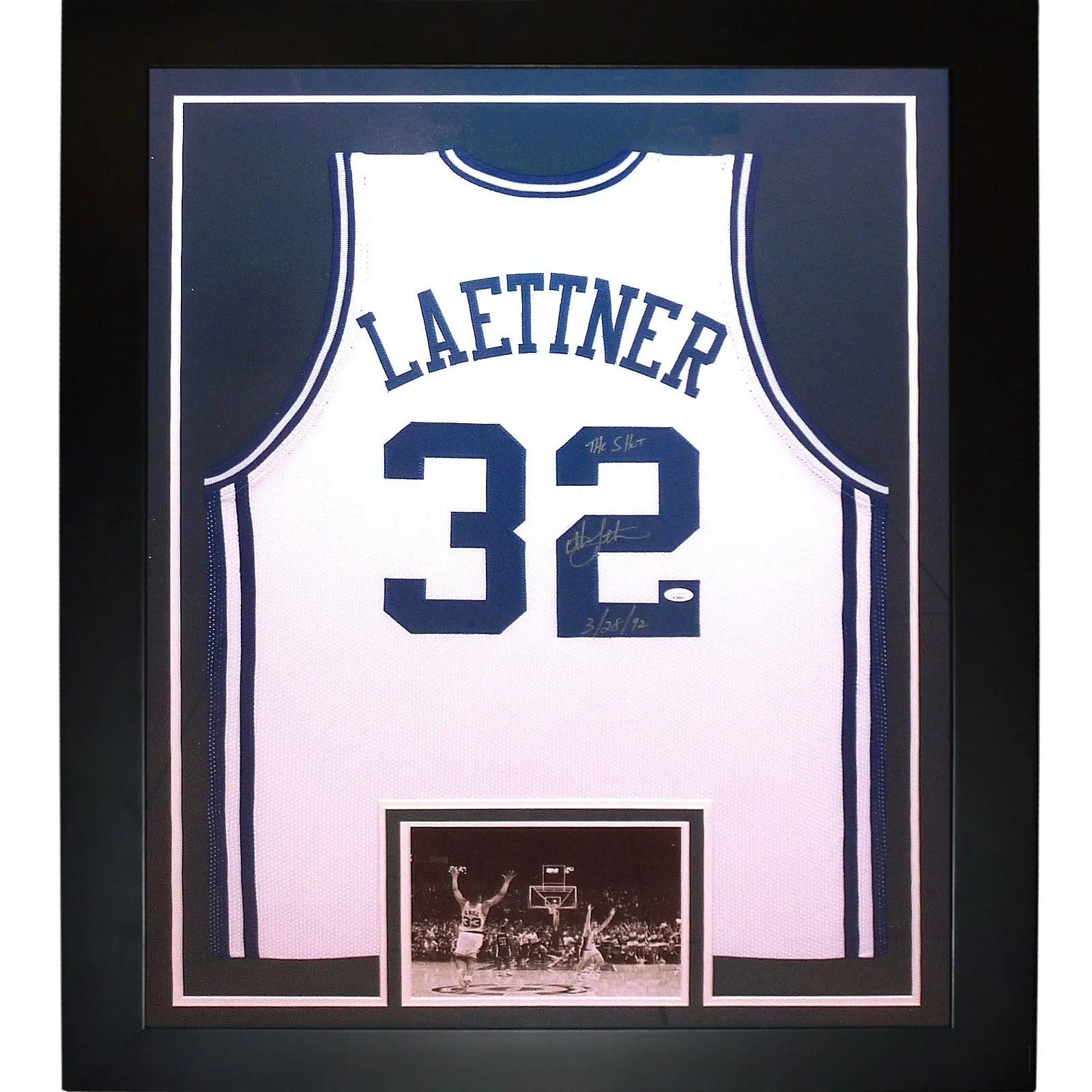 Christian Laettner Autographed Duke Blue Devils (White #32) Deluxe Framed Jersey w/ "The Shot, 3/28/92" - JSA