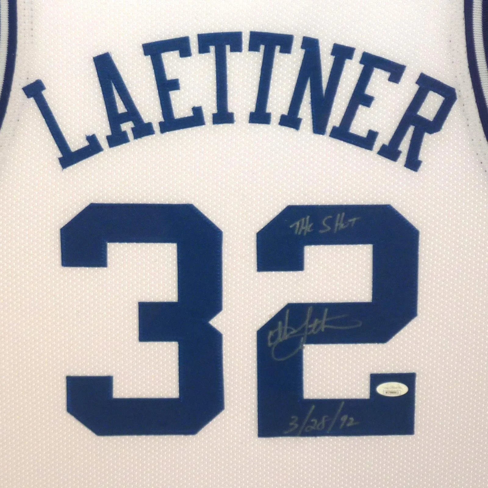 Christian Laettner Autographed Duke Blue Devils (White #32) Deluxe Framed Jersey w/ "The Shot, 3/28/92" - JSA