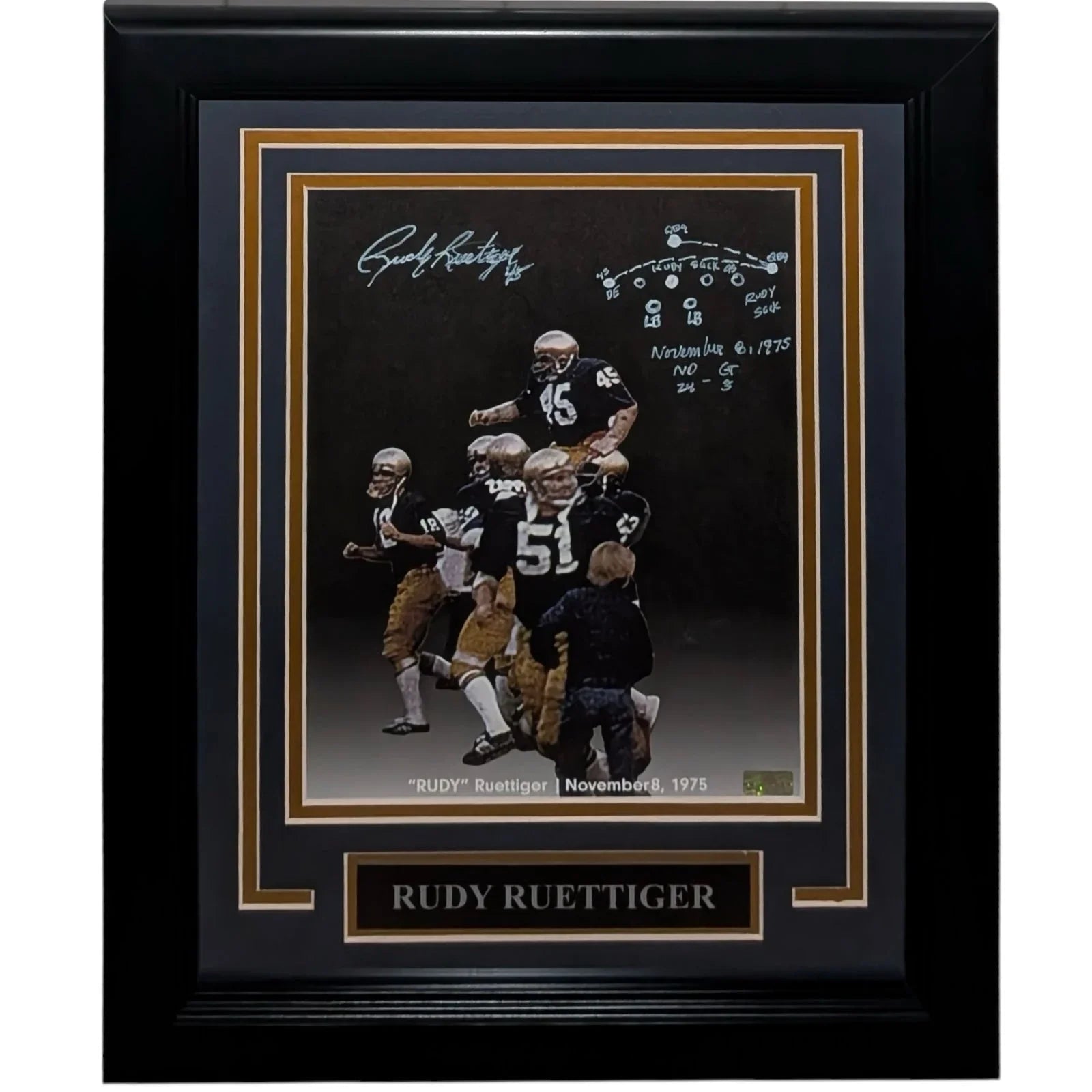 Rudy Ruettiger Autographed Notre Dame (Carried off Field) Deluxe Framed 8x10 Photo w/ Full Drawn Play
