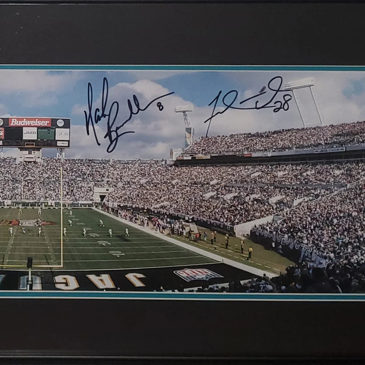 Tony Boselli, Mark Brunell Jimmy Smith And Fred Taylor Autographed Jacksonville Jaguars Deluxe Framed Panoramic Photo