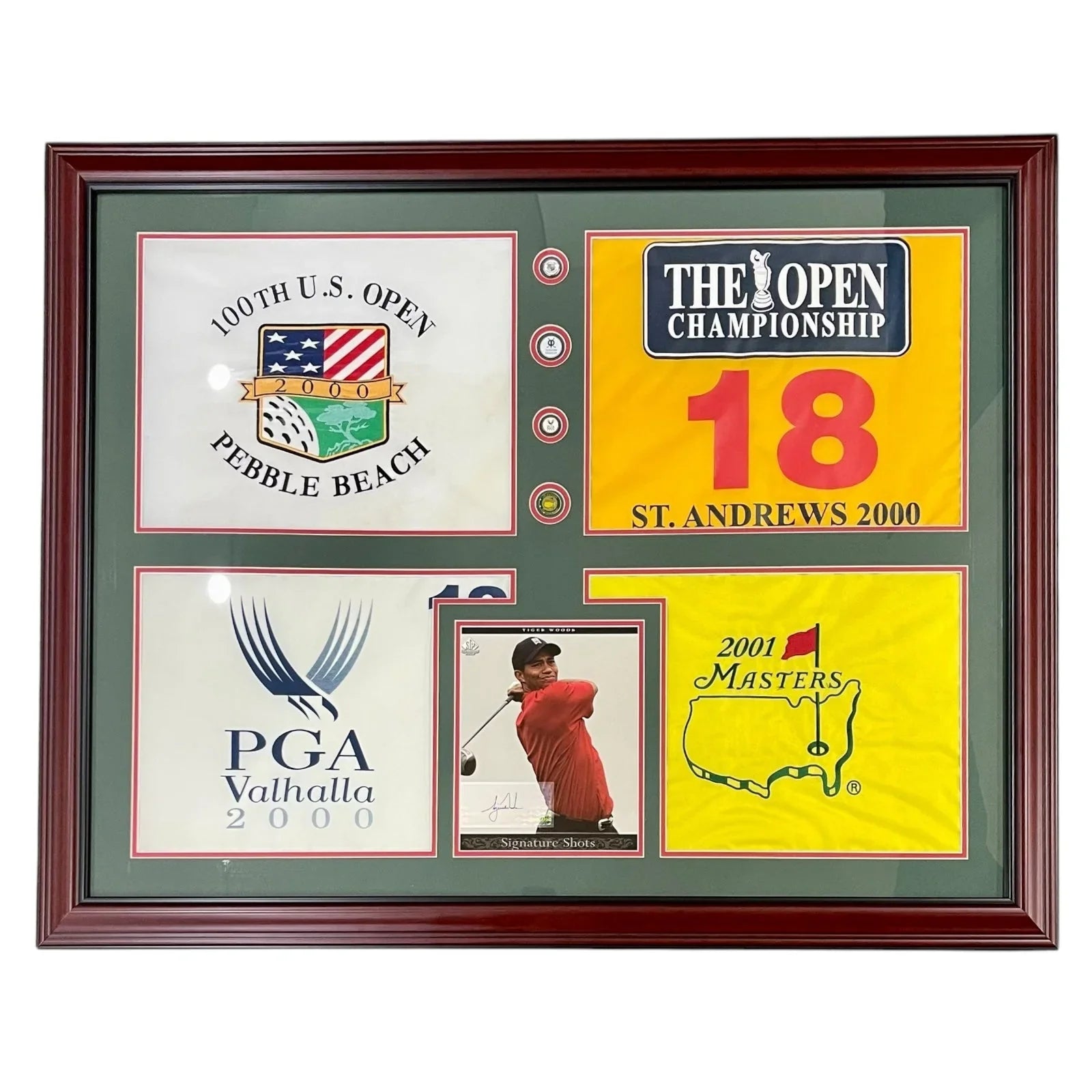 Tiger Woods Autographed Tiger Slam Deluxe Framed Piece - 2000 US Open, British Open, PGA Championship, 2001 Masters