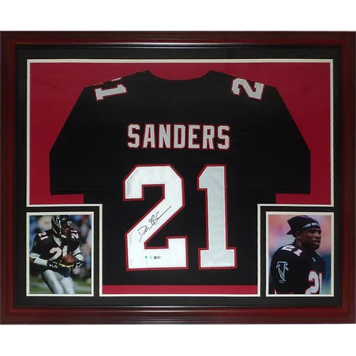Deion Sanders Autographed Atlanta Falcons (Black #21) Deluxe Framed Jersey - Beckett