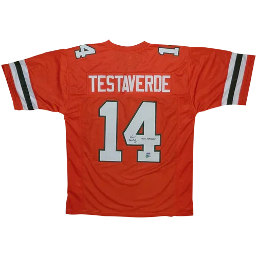 Vinny Testaverde Autographed Miami Hurricanes (Orange #14) Custom Jersey w/ "Heisman 1986" - Beckett