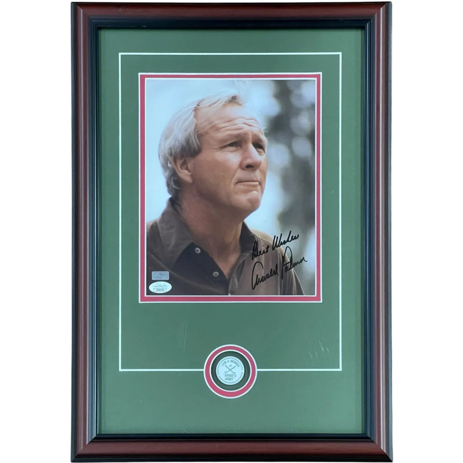 Arnold Palmer Autographed Golf 8x10 Photo Deluxe Framed with Arnie's Army Pin - JSA