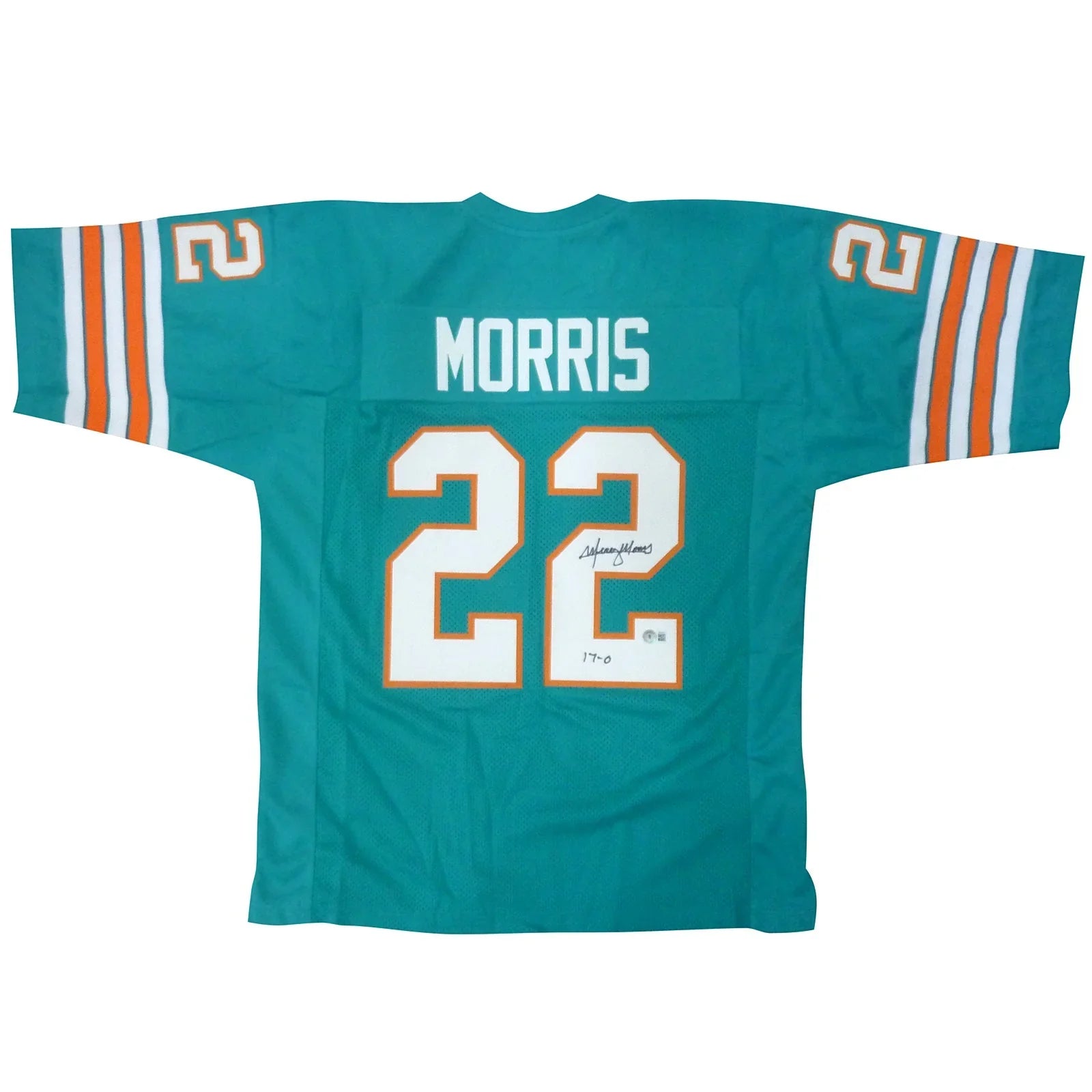 Mercury Morris Autographed Miami Dolphins (Teal #22) Custom Jersey w/ "17-0"