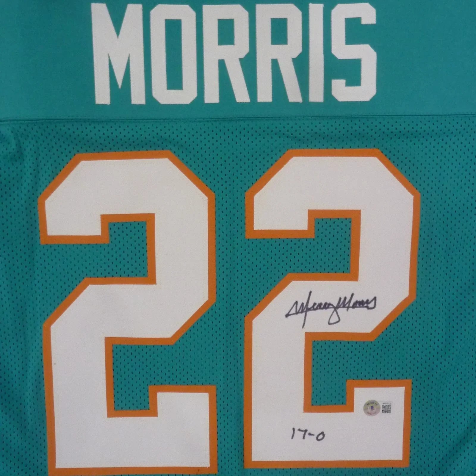 Mercury Morris Autographed Miami Dolphins (Teal #22) Custom Jersey w/ "17-0"