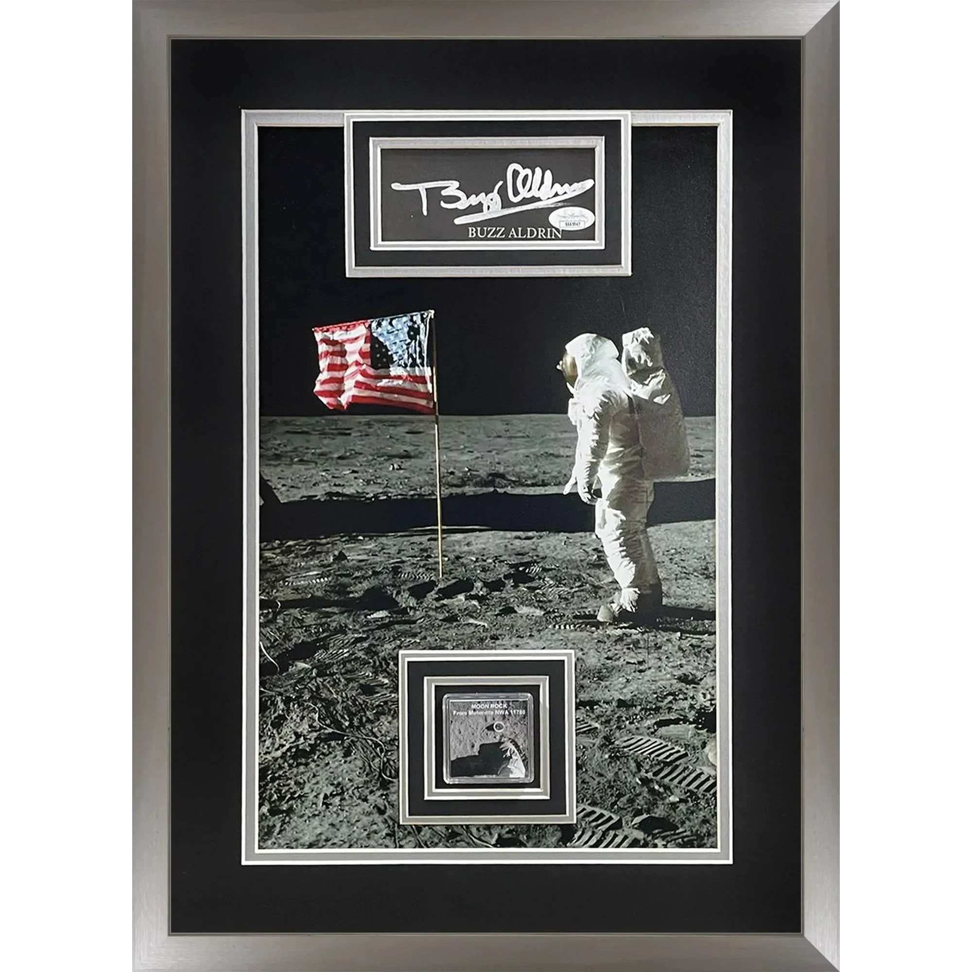 Buzz Aldrin Autographed Apollo 11 Moon Landing (with American Flag) Deluxe Framed 13x19 Photo with Floating Matted Signature and Genuine Moon Rock - JSA